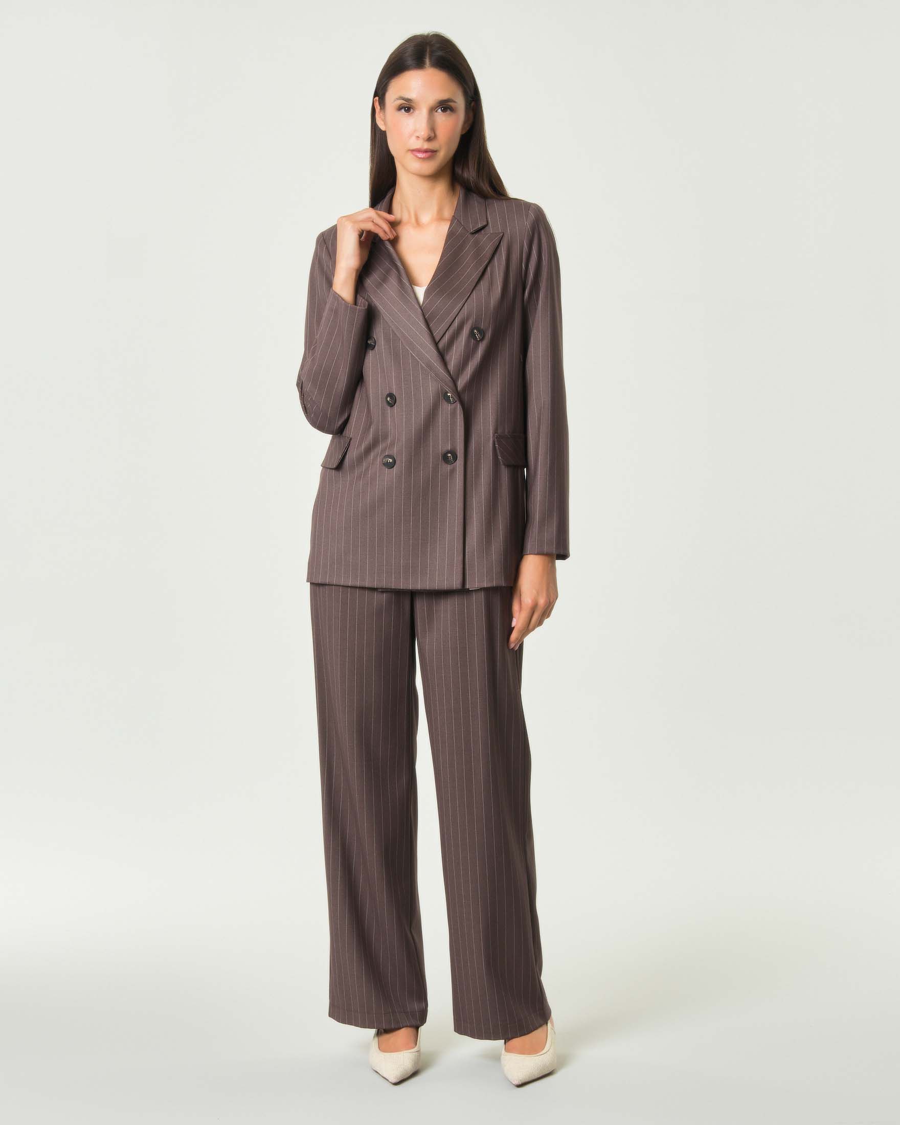 Blazer lungo doppiopetto Hlo! marrone gessato in misto viscosa stretch con tasche laterali con patta image