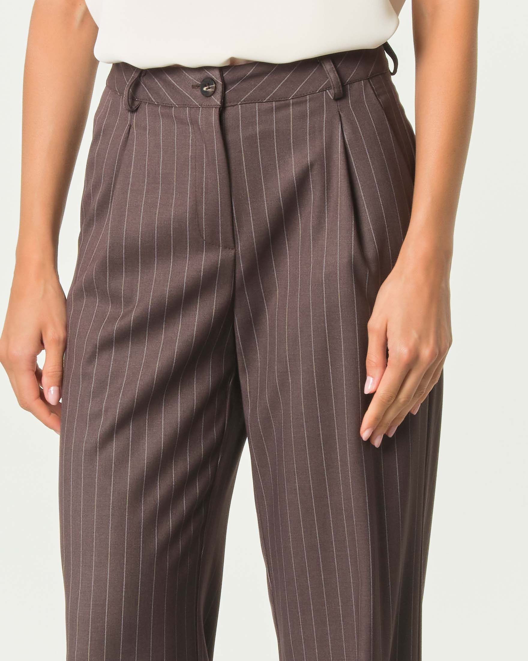 Pantaloni palazzo Hlo! marroni gessati in misto viscosa con passanti e chiusura a zip e bottone image