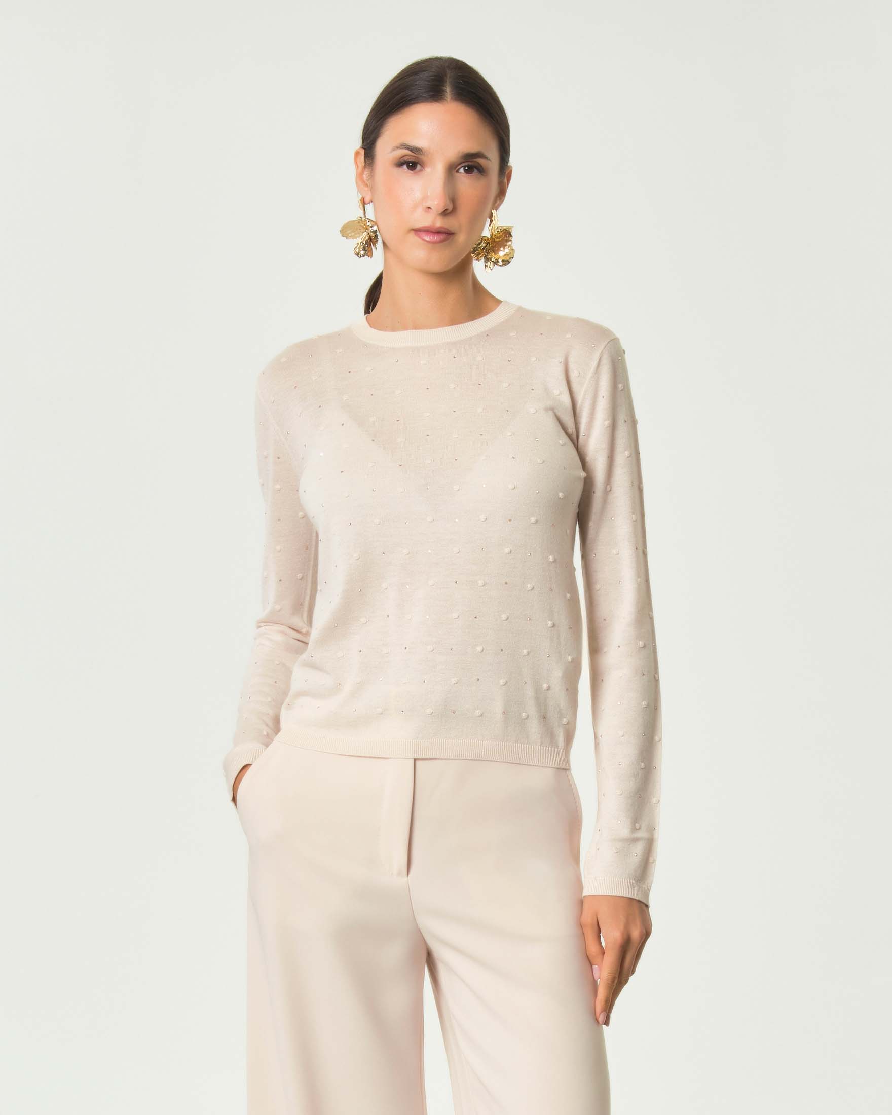 Maglia girocollo Max Mara Studio color cipria in misto seta e lana con strass e perle applicati
