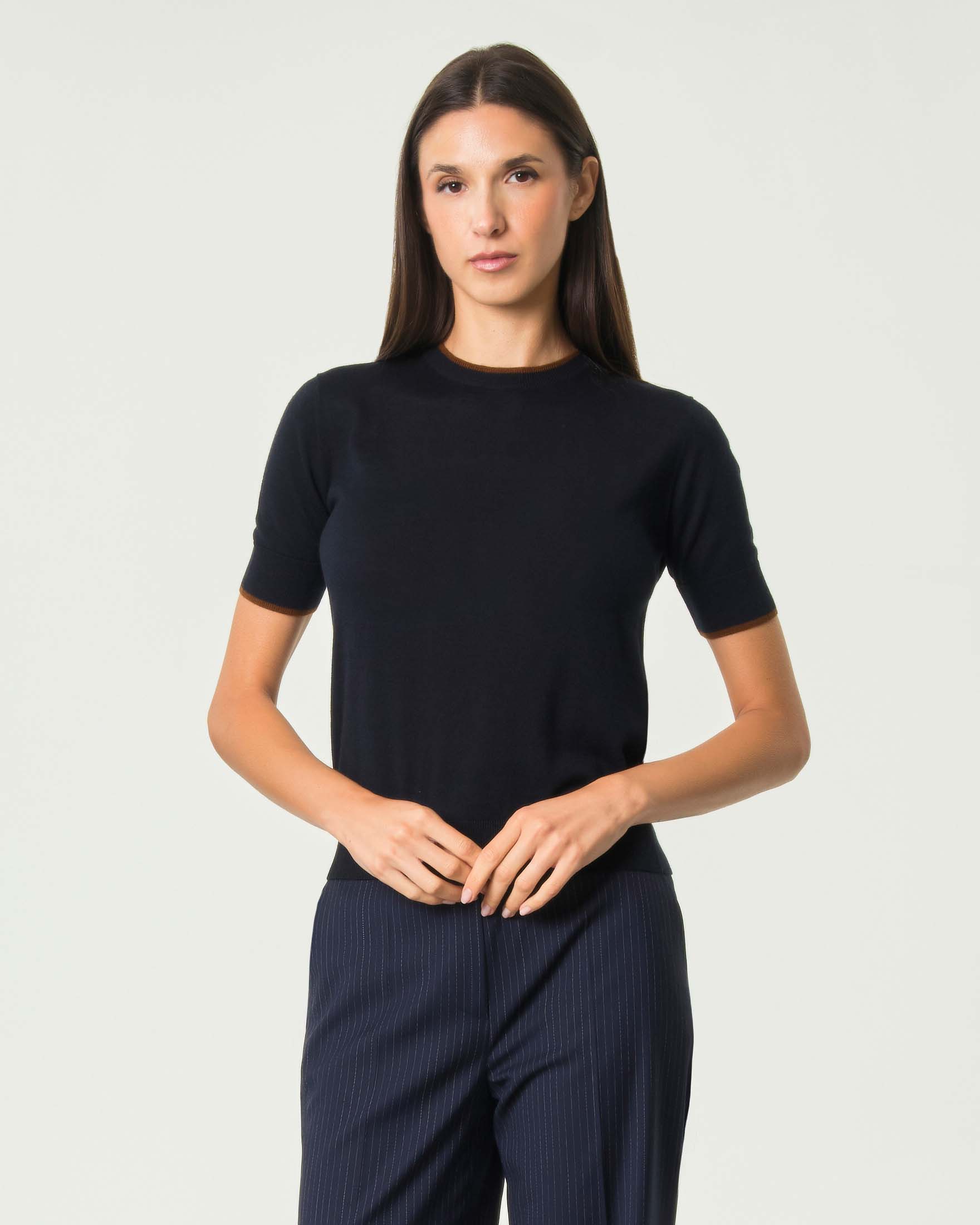 Maglia maniche corte Max Mara Studio blu in lana e seta con profili color cuoio