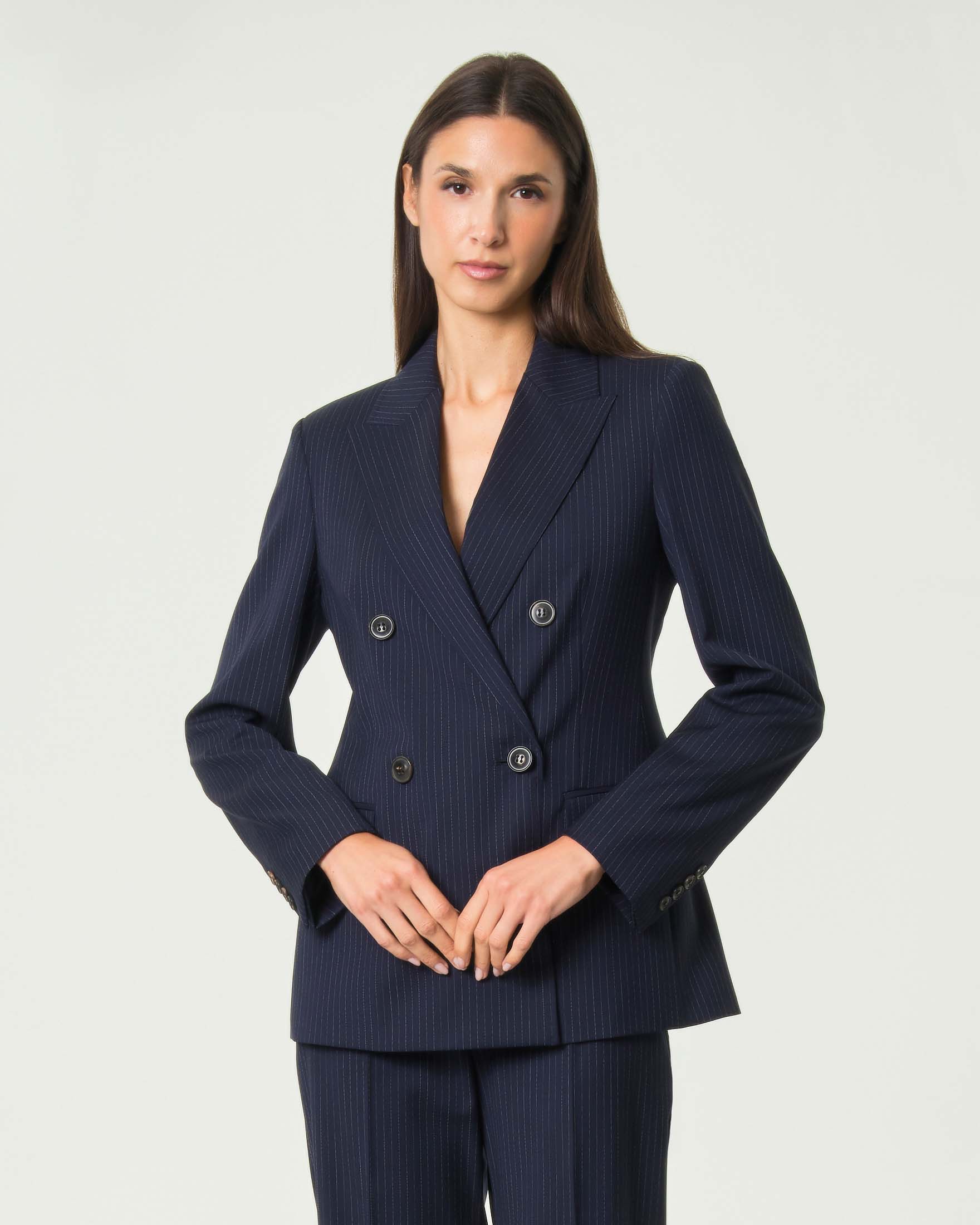 Blazer doppiopetto Max Mara Studio blu gessato in tela di lana con rever a lancia