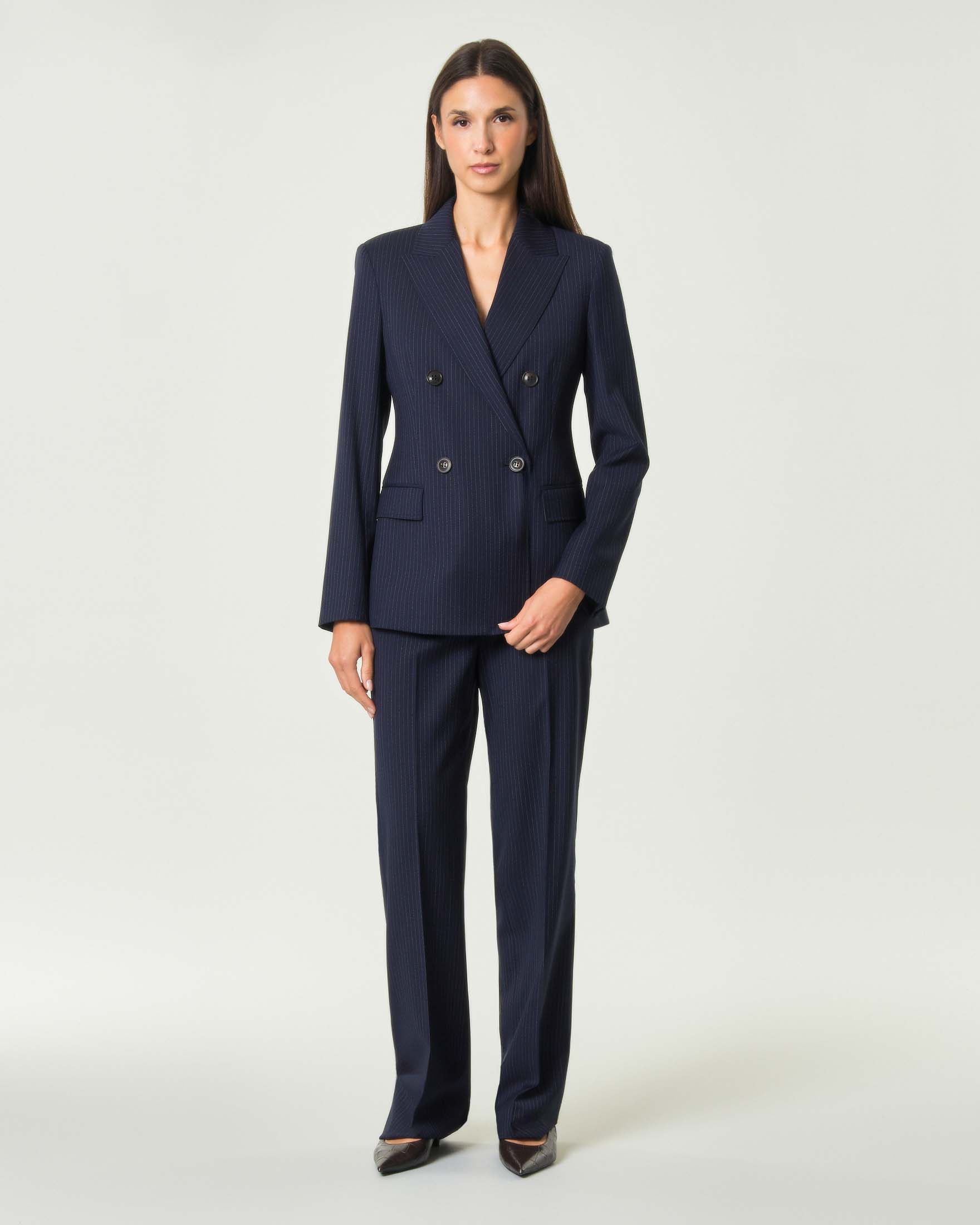 Blazer doppiopetto Max Mara Studio blu gessato in tela di lana con rever a lancia image