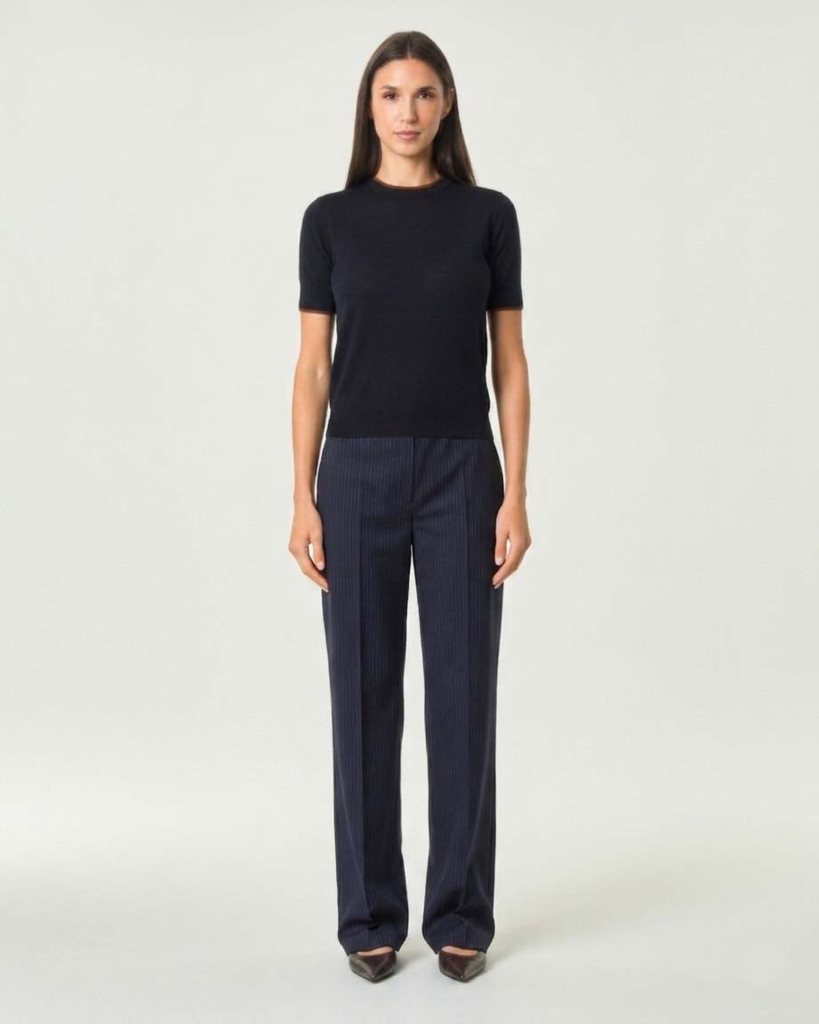 Pantaloni palazzo sartoriali Max Mara Studio blu gessati in pura lana con piega stirata
