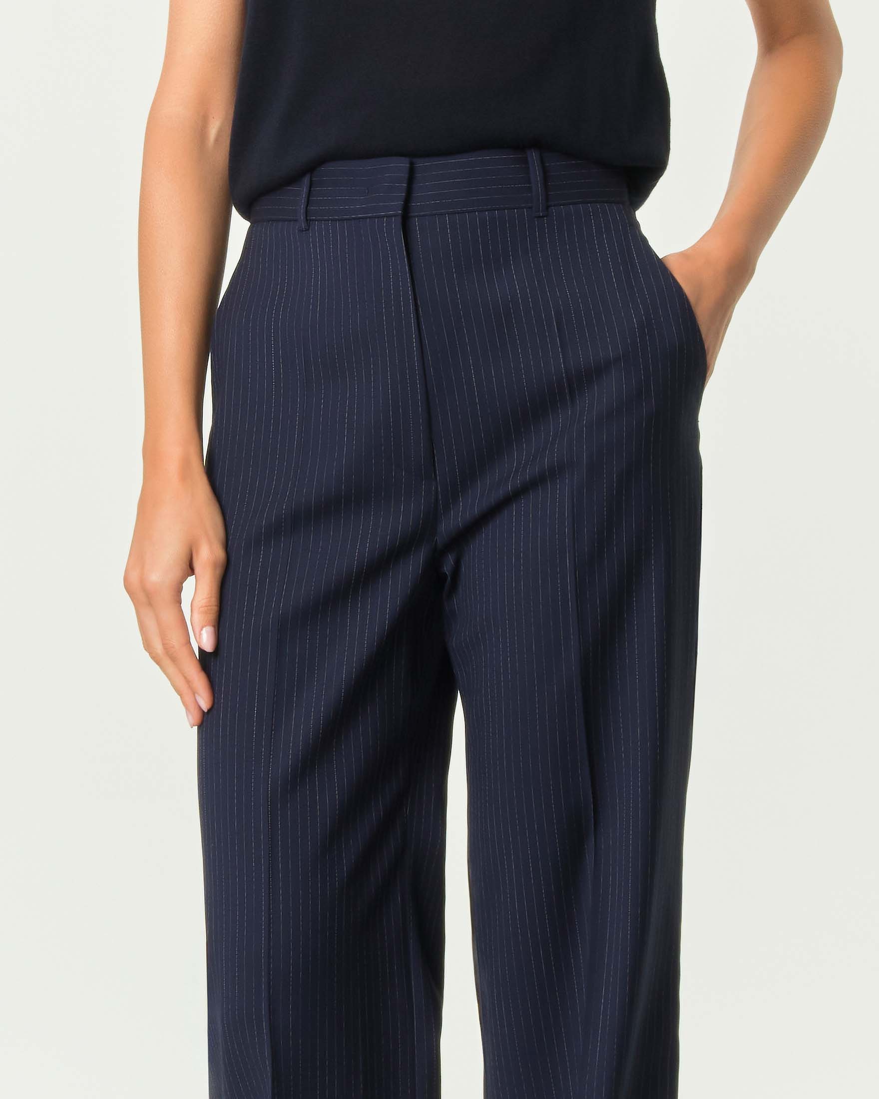 Pantaloni palazzo sartoriali Max Mara Studio blu gessati in pura lana con piega stirata image