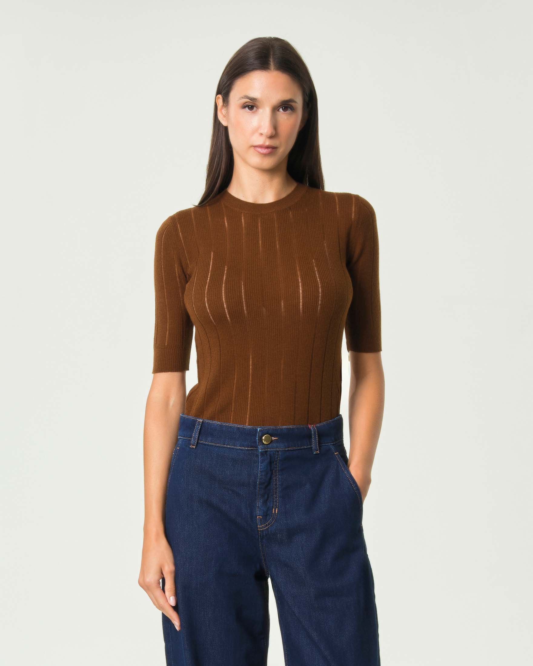 Maglia maniche corte Max Mara Studio color cuoio in lana e seta a costine con dettagli see-through