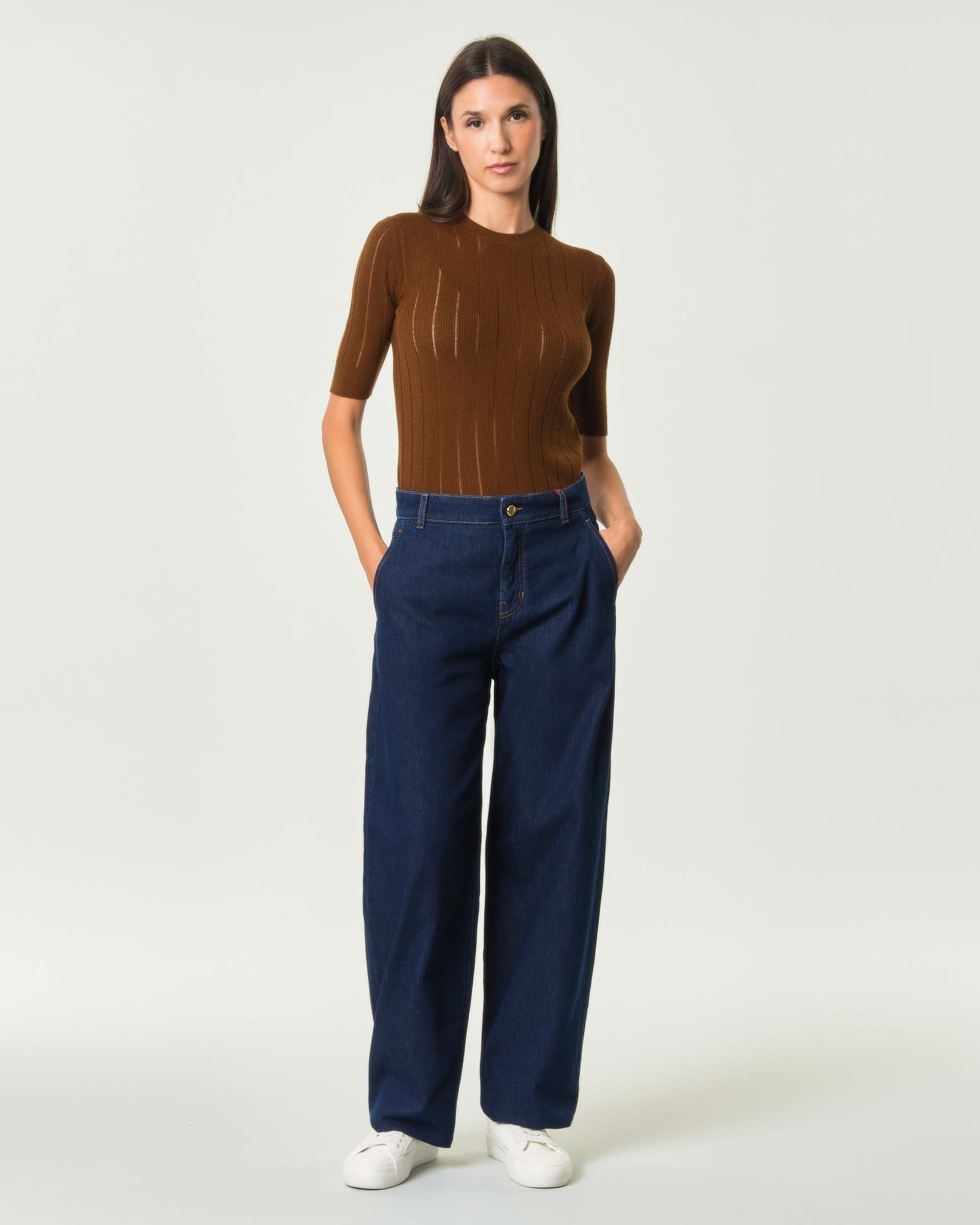 Maglia maniche corte Max Mara Studio color cuoio in lana e seta a costine con dettagli see-through image