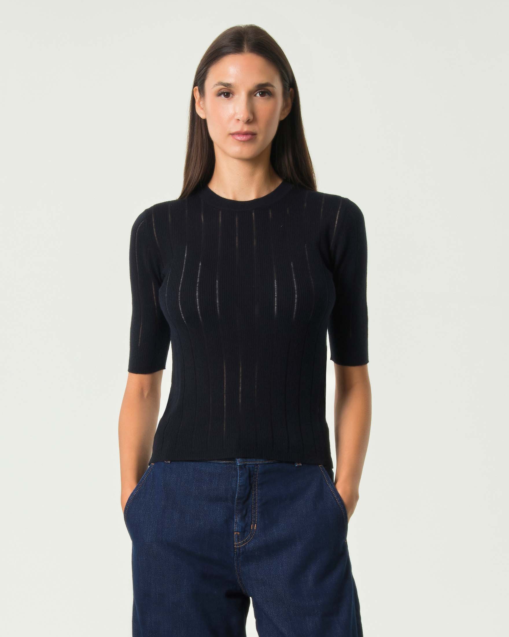 Maglia maniche corte Max Mara Studio blu in lana e seta a costine con dettagli see-through