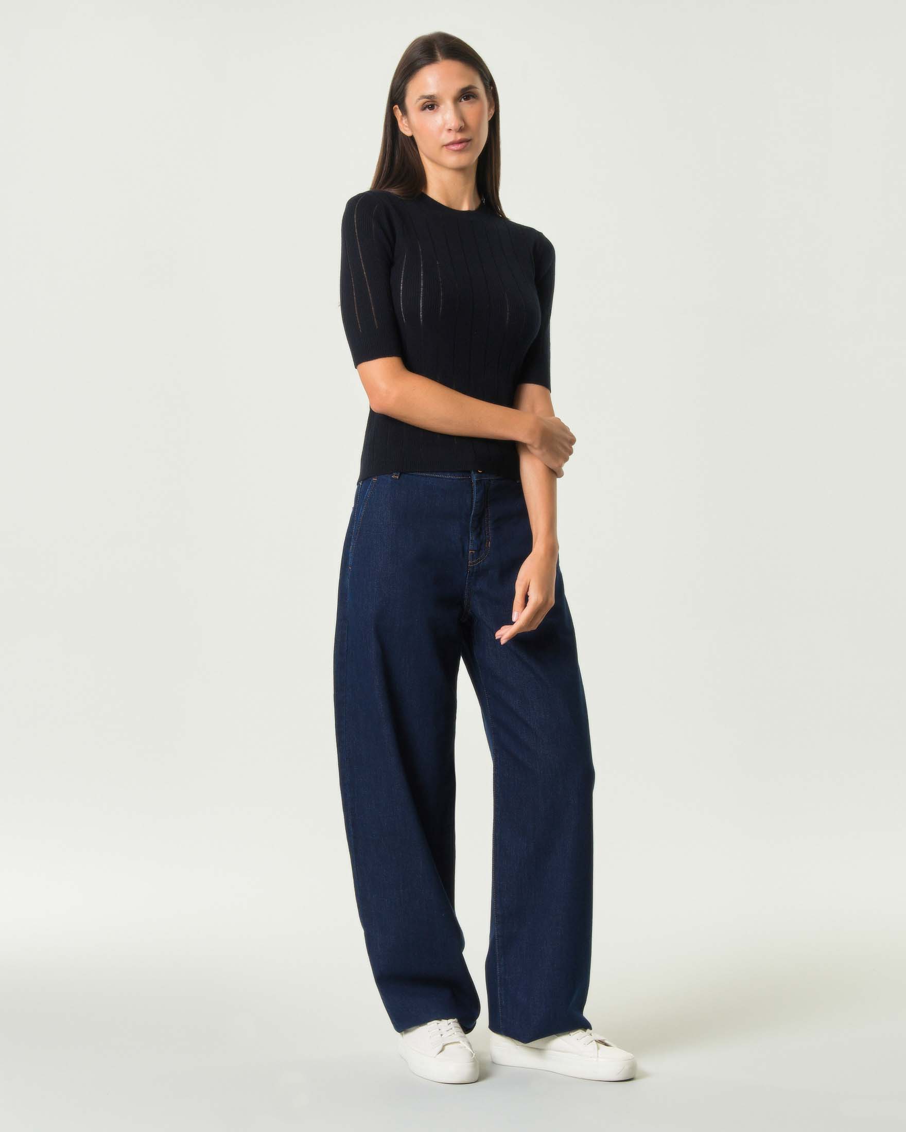 Maglia maniche corte Max Mara Studio blu in lana e seta a costine con dettagli see-through image