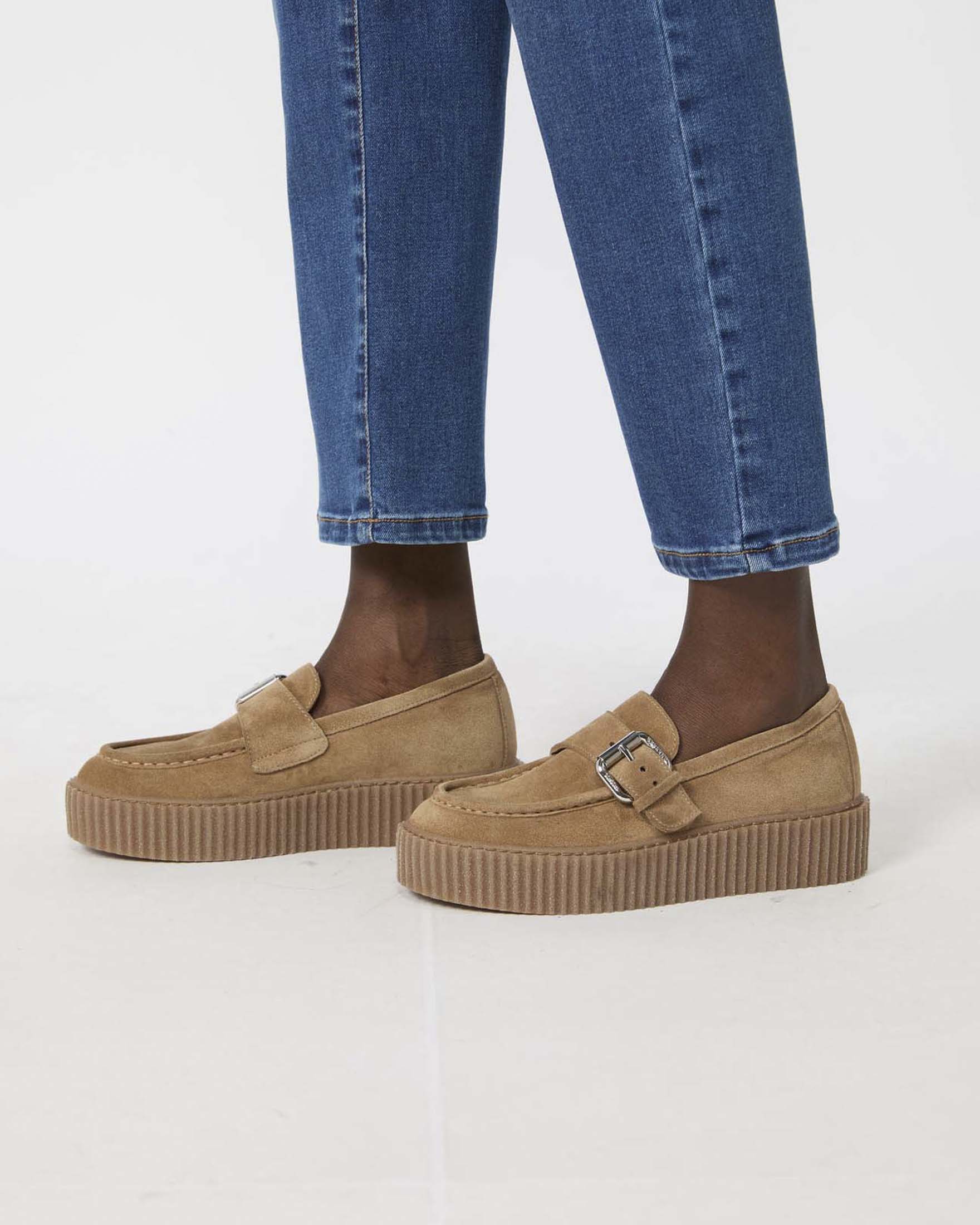 Mocassini Monk Strap Weekend Max Mara color cammello in pelle scamosciata image