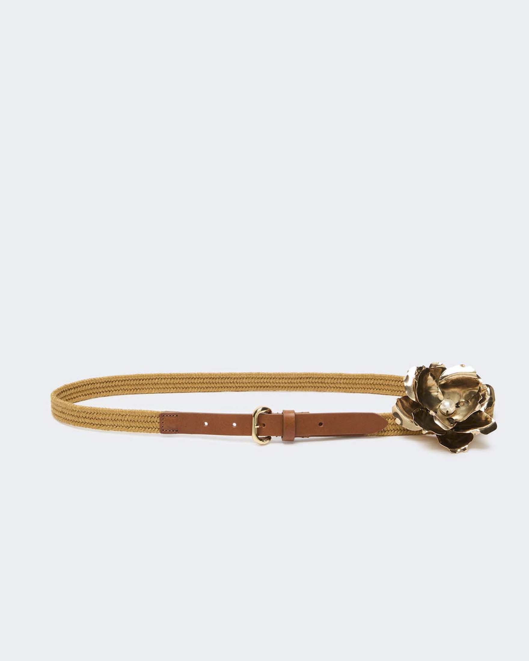 Cintura Weekend Max Mara color senape in lino e cotone con spilla floreale metallica dorata