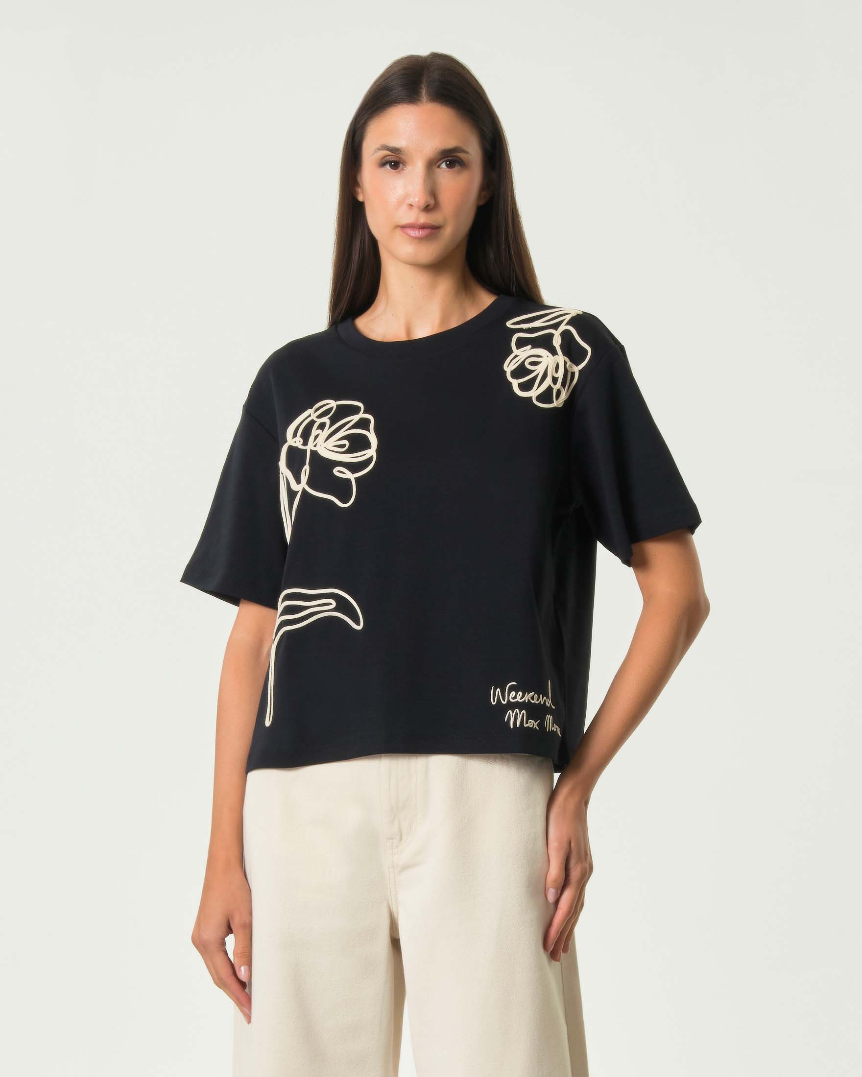 T-shirt boxy a mezza manica Weekend Max Mara blu in jersey di cotone con fiori ricamati bianchi