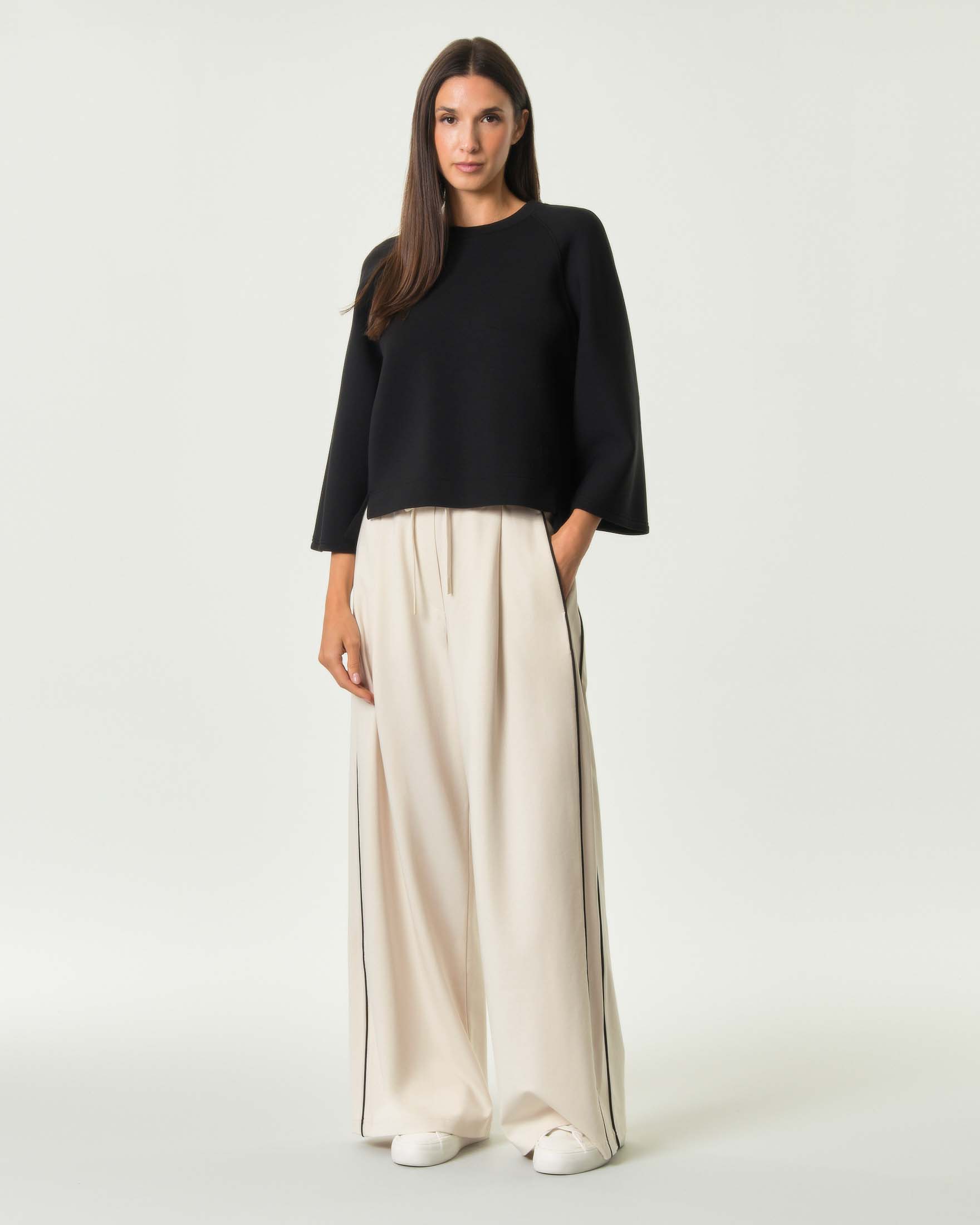 Pantaloni palazzo Weekend Max Mara color avorio in jersey Milano con coulisse e piping a contrasto