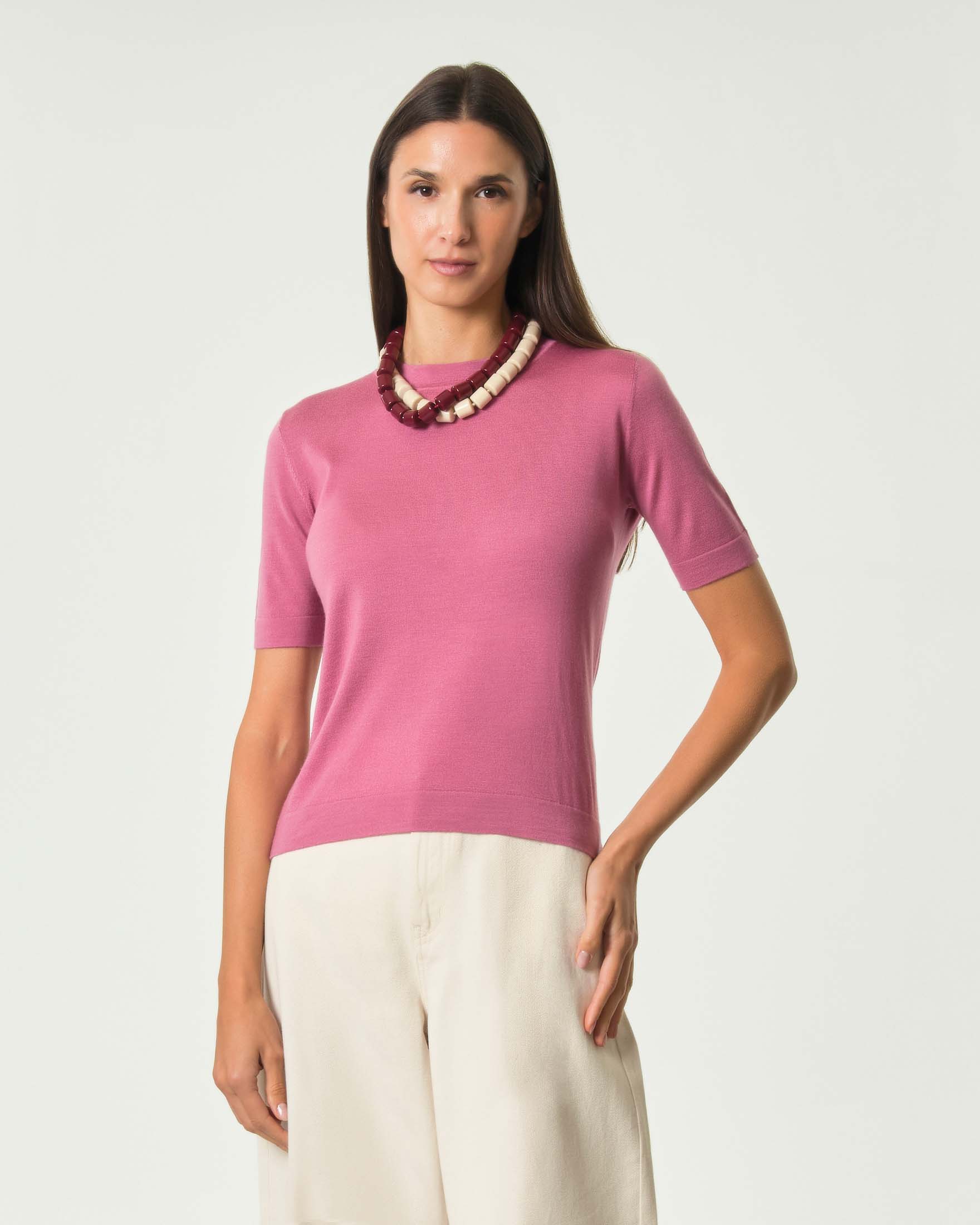 Maglia mezze maniche Weekend Max Mara rosa in filato di lana e seta con cachemire