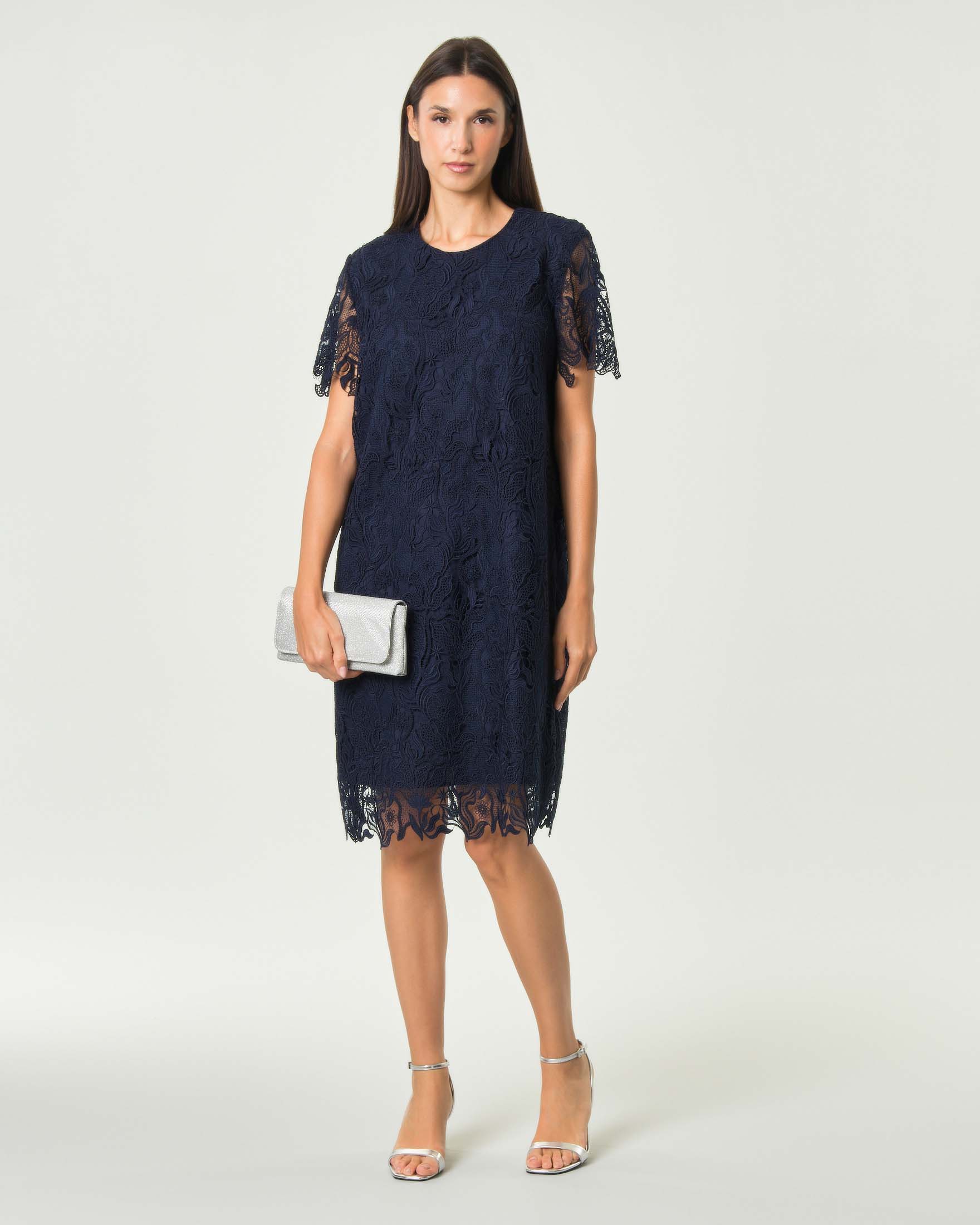 Abito corto Max Mara Studio blu in pizzo macramé con motivo smerlato e maniche corte