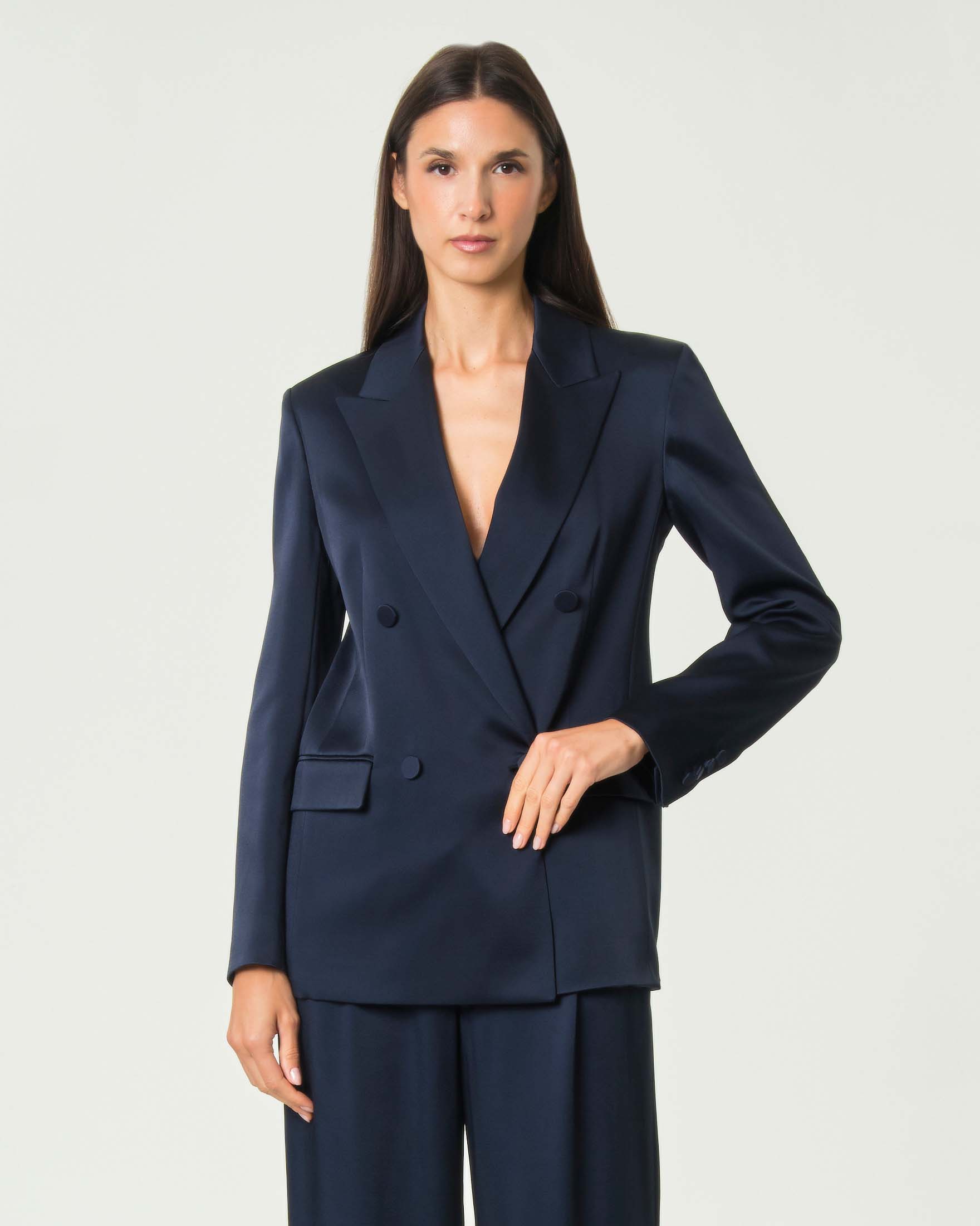 Blazer doppiopetto Max Mara Studio blu in envers satin crêpe con rever a lancia