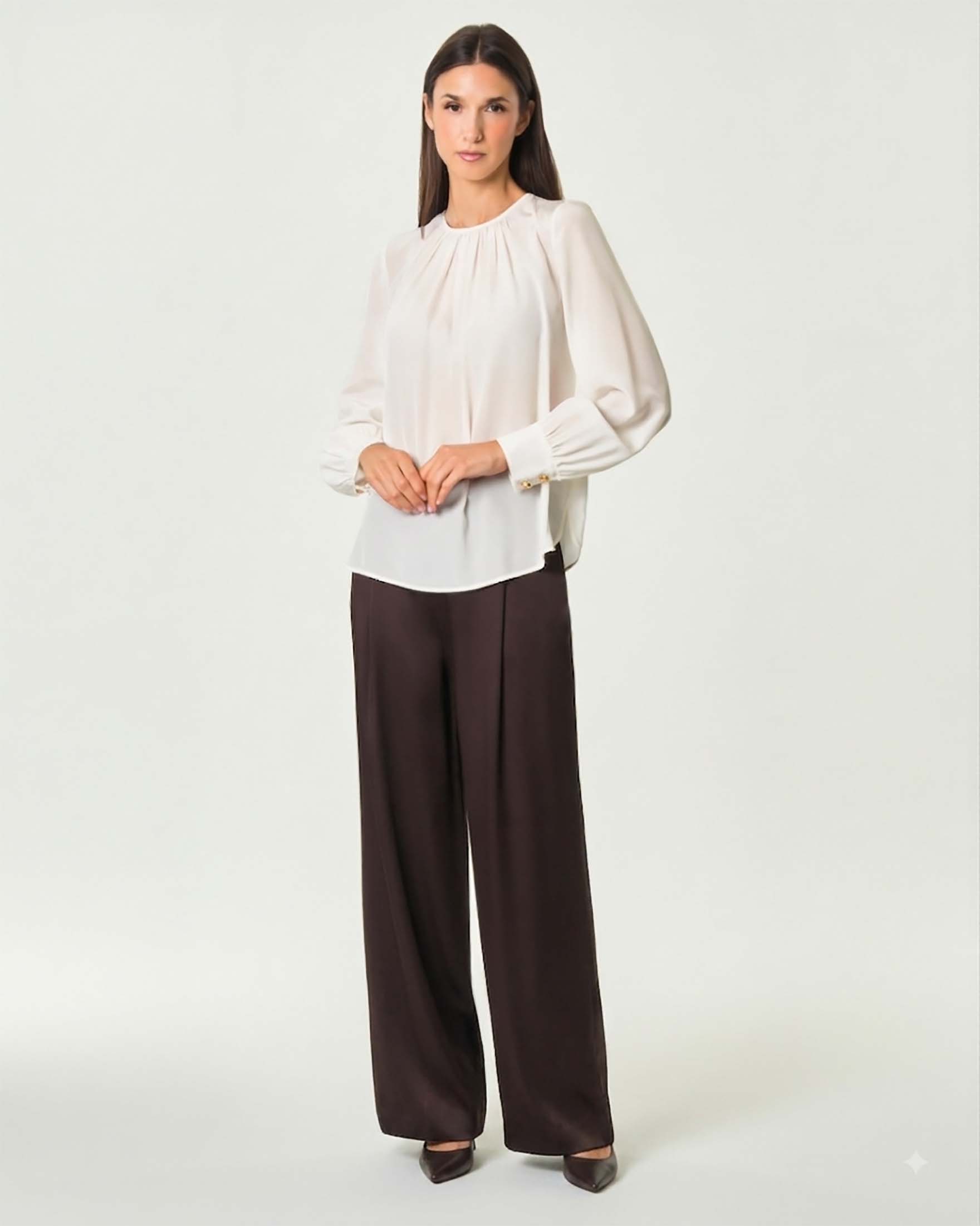 Pantaloni palazzo Max Mara Studio marroni in satin con pince e chiusura laterale con zip