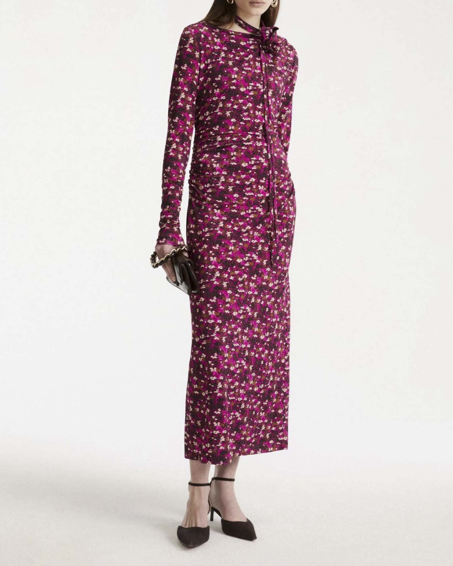 Abito lungo aderente Marella fucsia in jersey di viscosa stretch con arricciature e stampa floreale