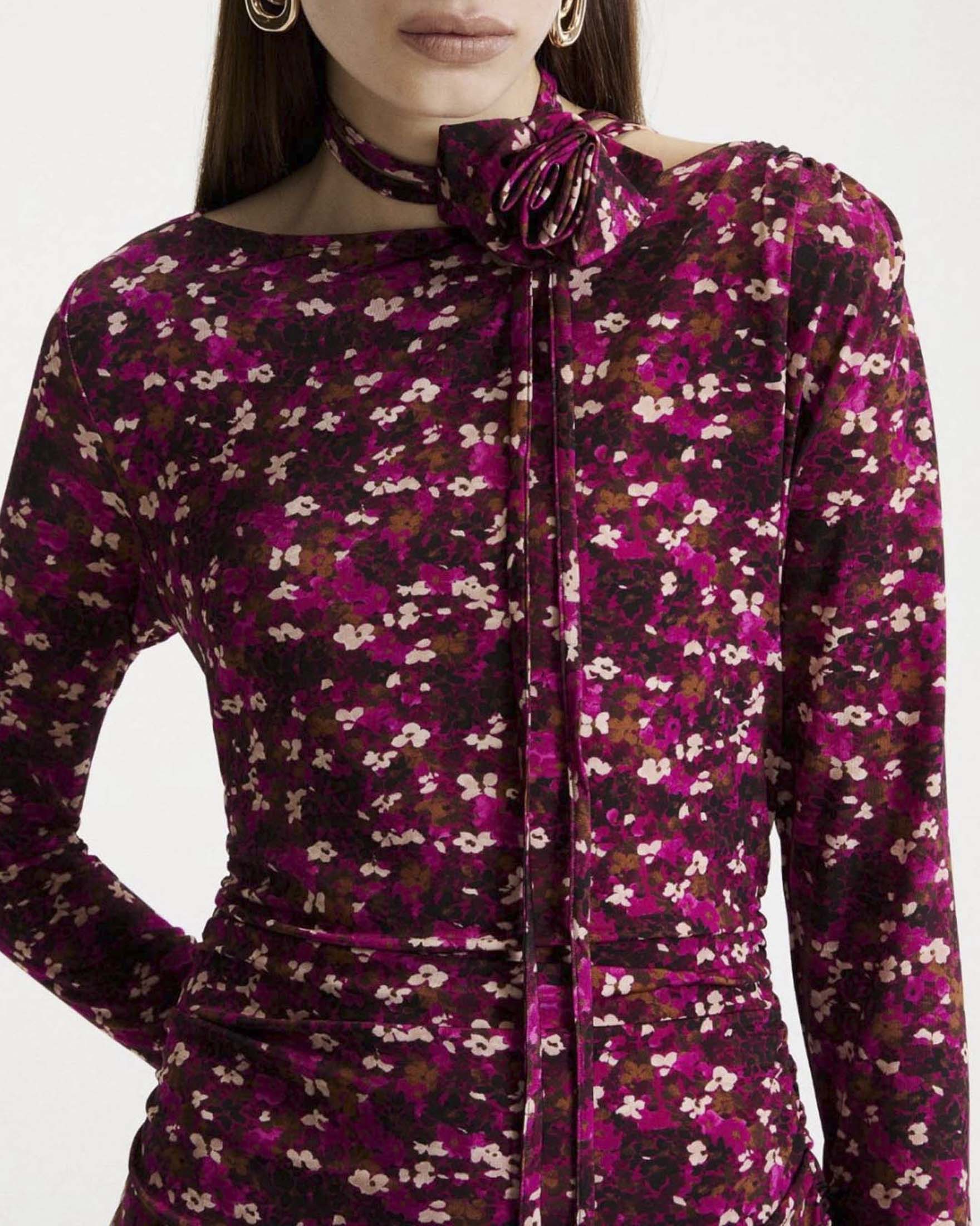 Abito lungo aderente Marella fucsia in jersey di viscosa stretch con arricciature e stampa floreale image
