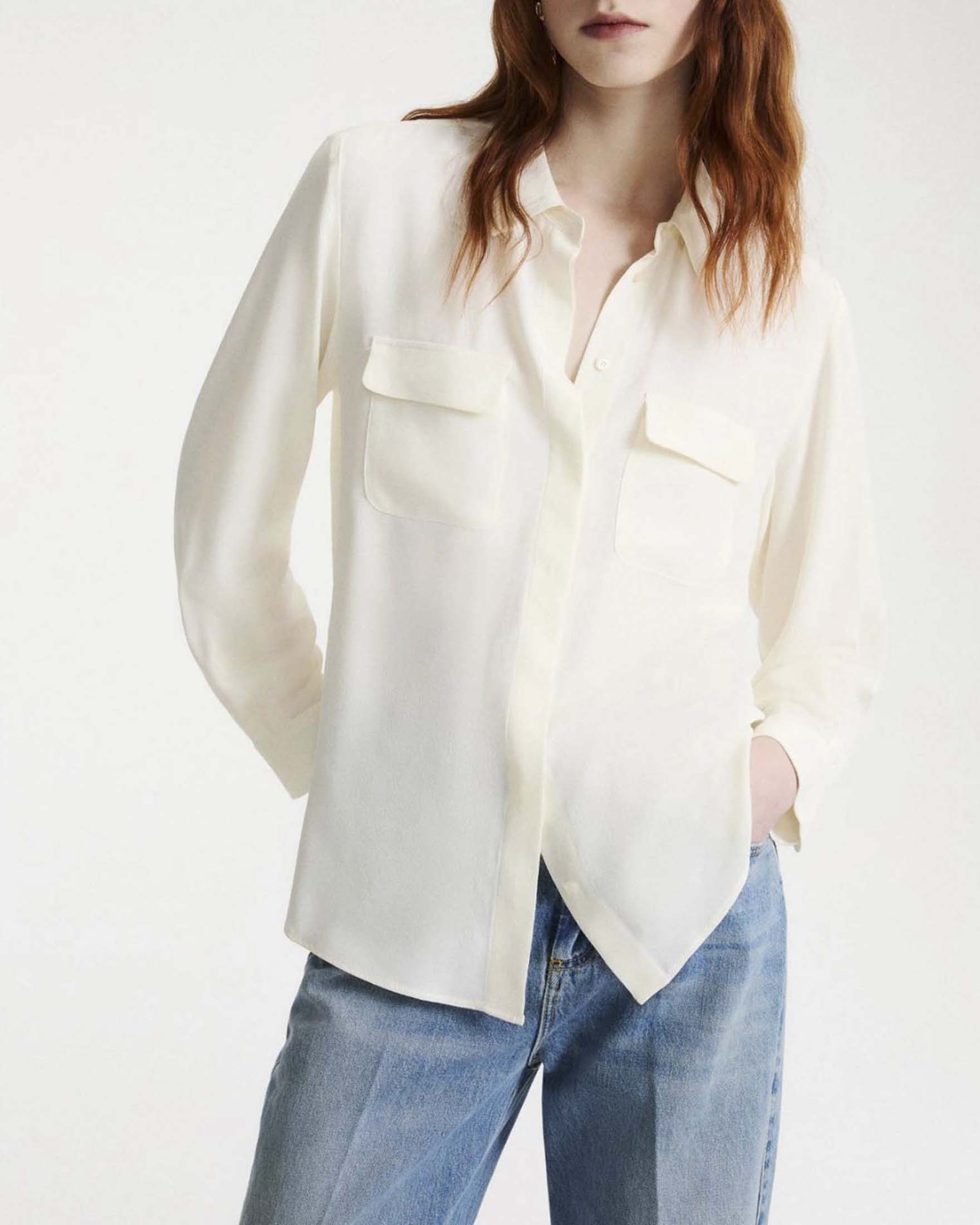 Camicia Marella bianca in misto seta con tasche con patta applicate sul petto e carrè posteriore