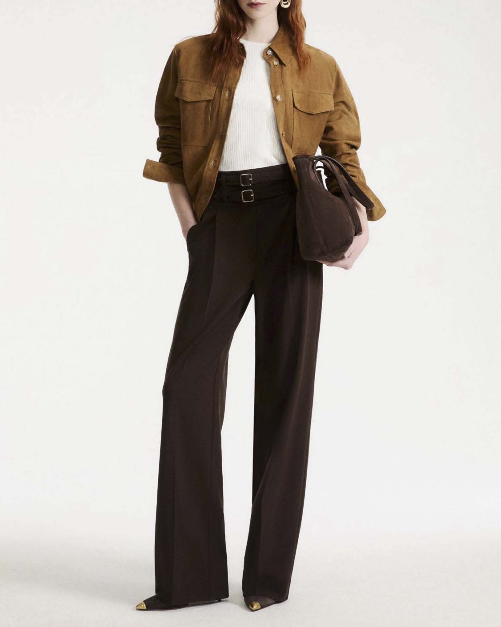 Giacca a camicia Marella color cammello in suede con tasche applicate e impunture