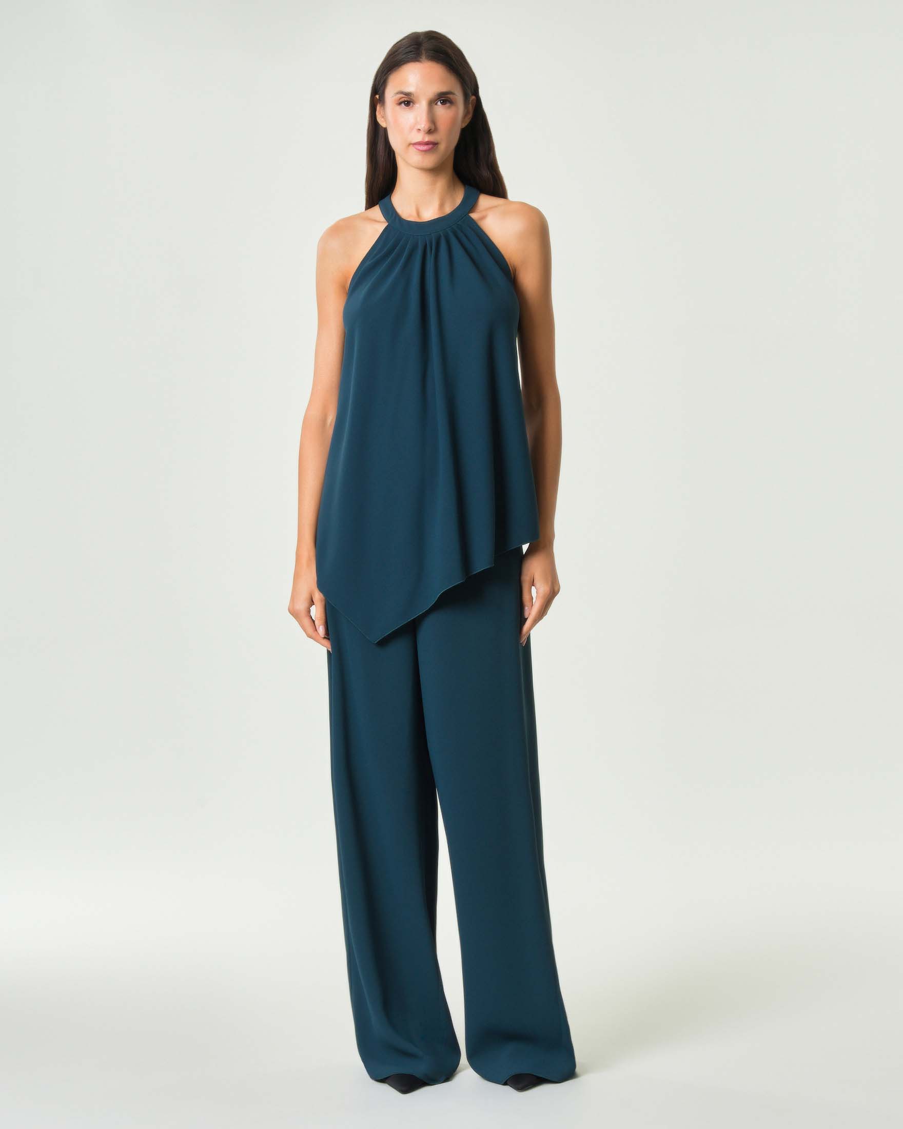 Pantalone a palazzo Marella 365 ottanio in crêpe envers satin con chiusura laterale con zip