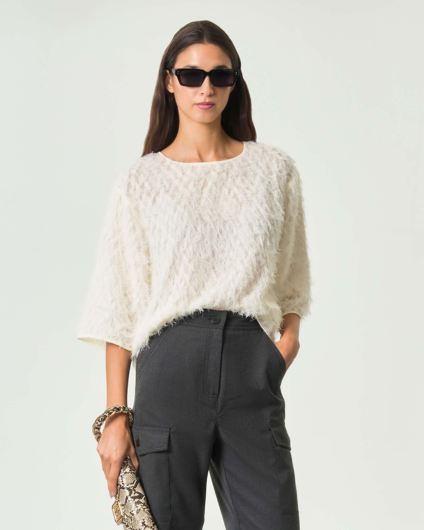 Blusa boxy Marella color panna in fil coupé con maniche al gomito