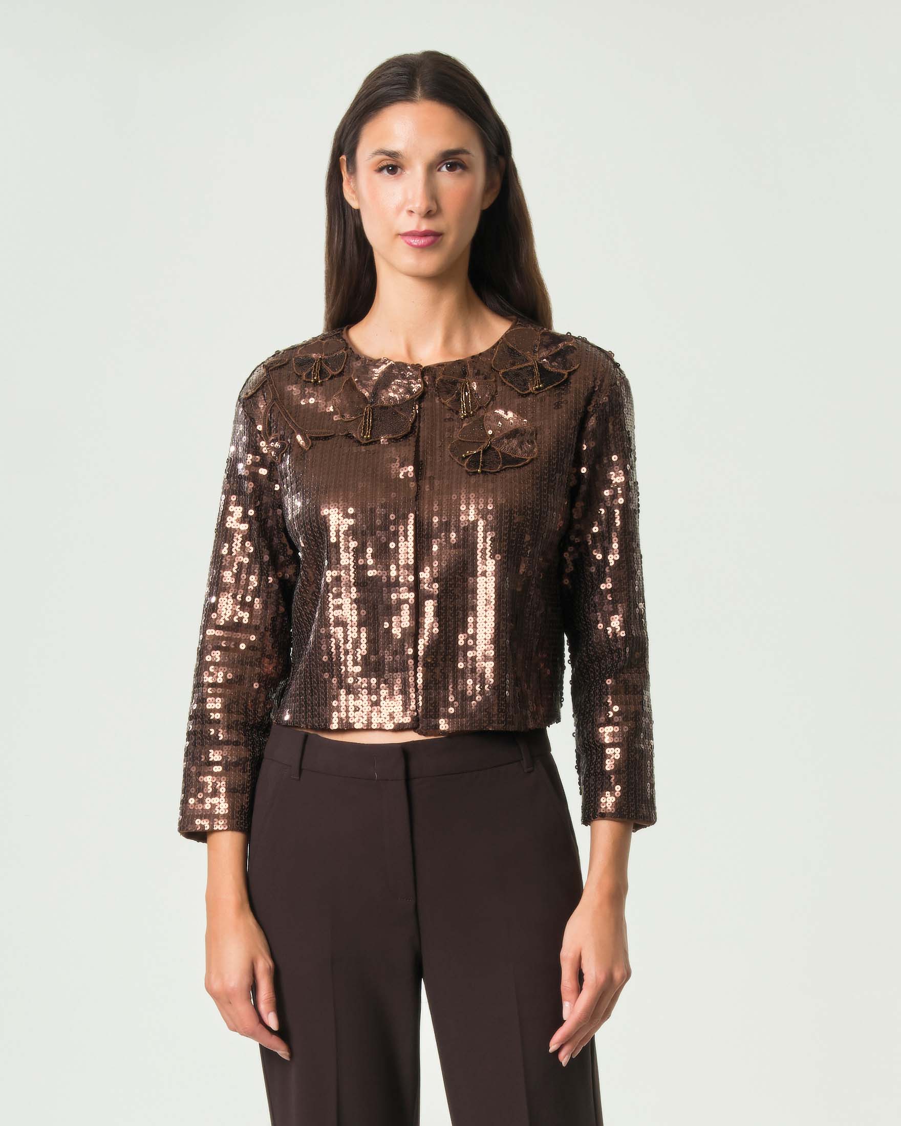 Giacca corta bolero Marella marrone in paillettes all over con applicazioni floreali gioiello