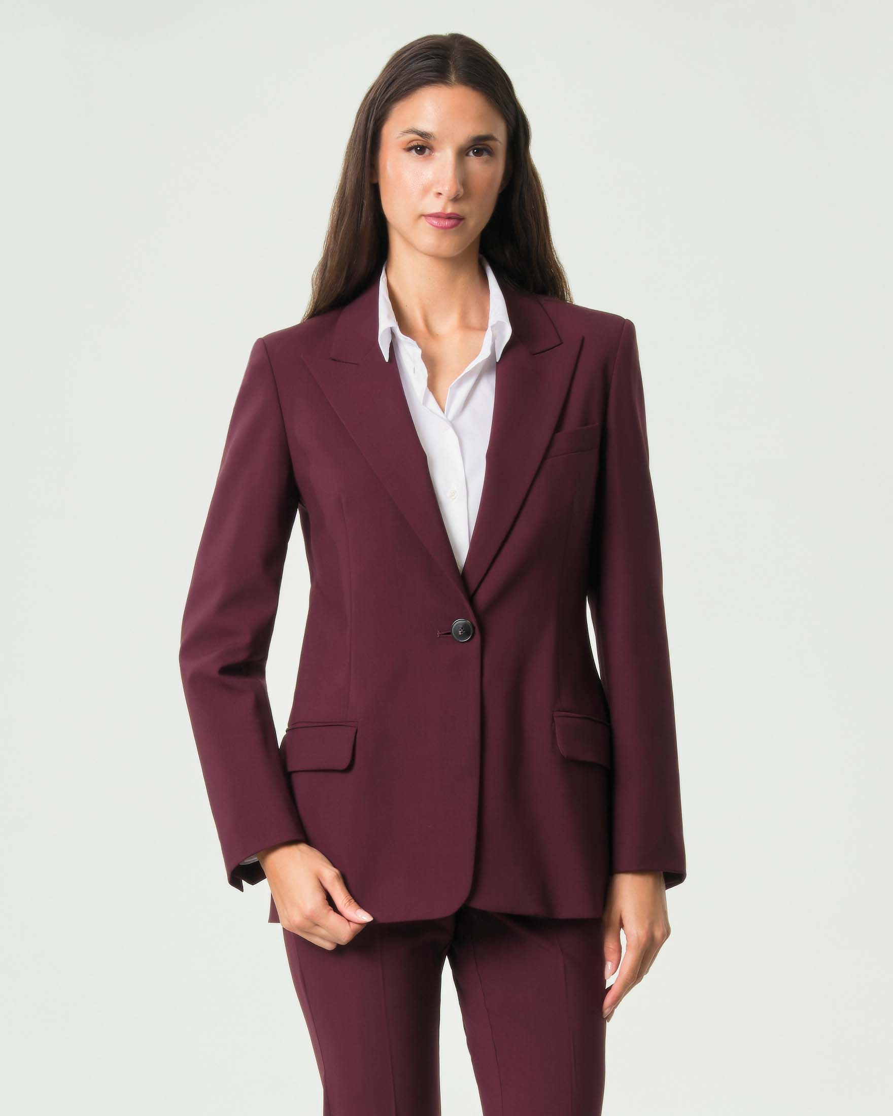 Blazer Marella bordeaux in pura lana stretch dalla linea sartoriale con pince e tasche a filetto