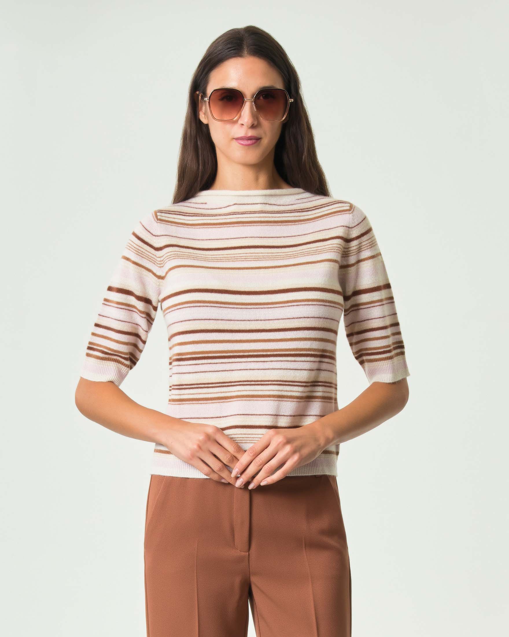 Maglia girocollo Marella rosa e coccio in puro cashmere con maniche a tre quarti