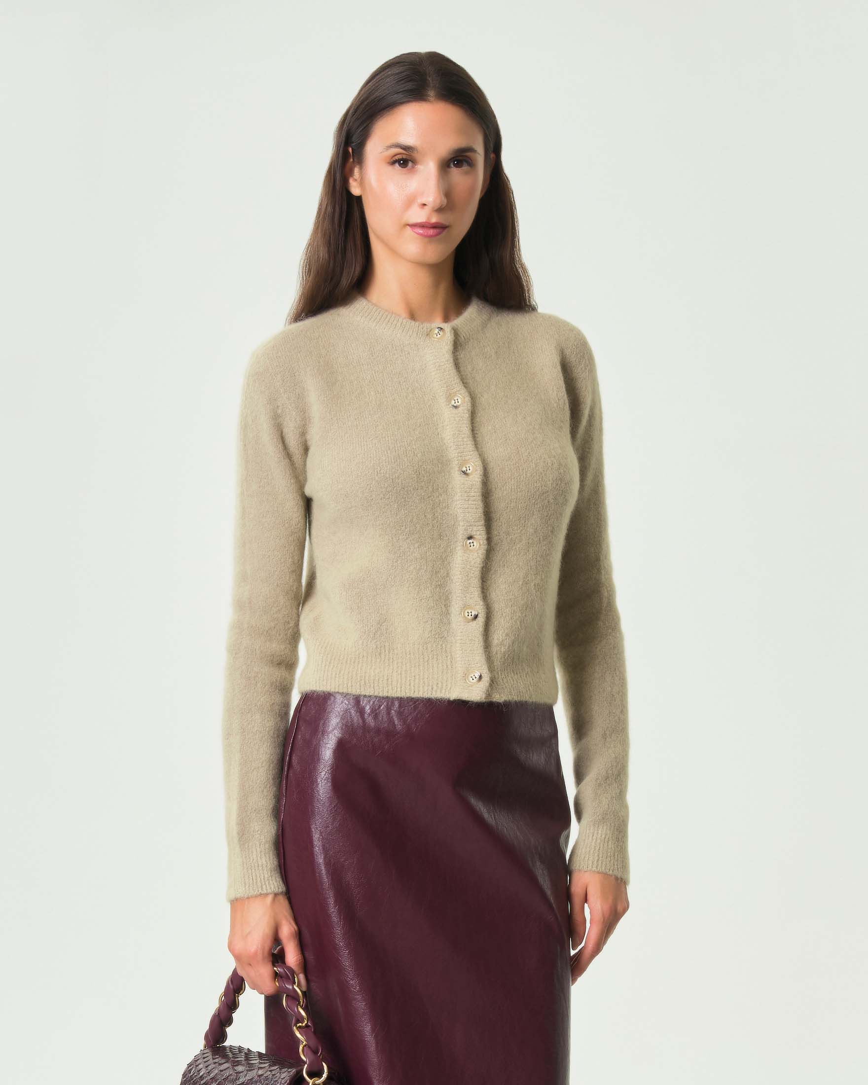 Cardigan girocollo Marella greige in misto alpaca con bordi a costine