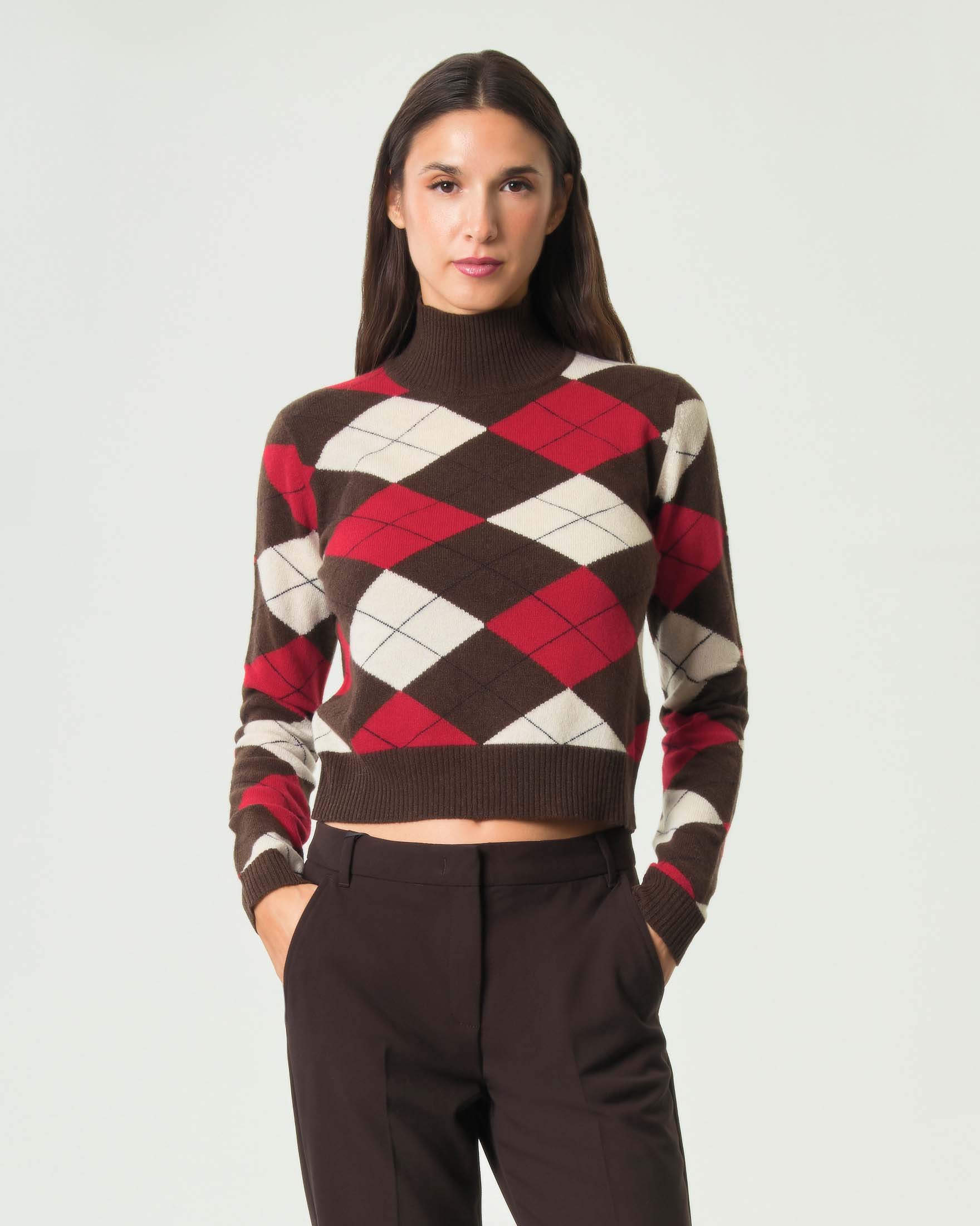 Dolcevita Marella marrone in misto lana e cachemire con motivo argyle a contrasto di colore