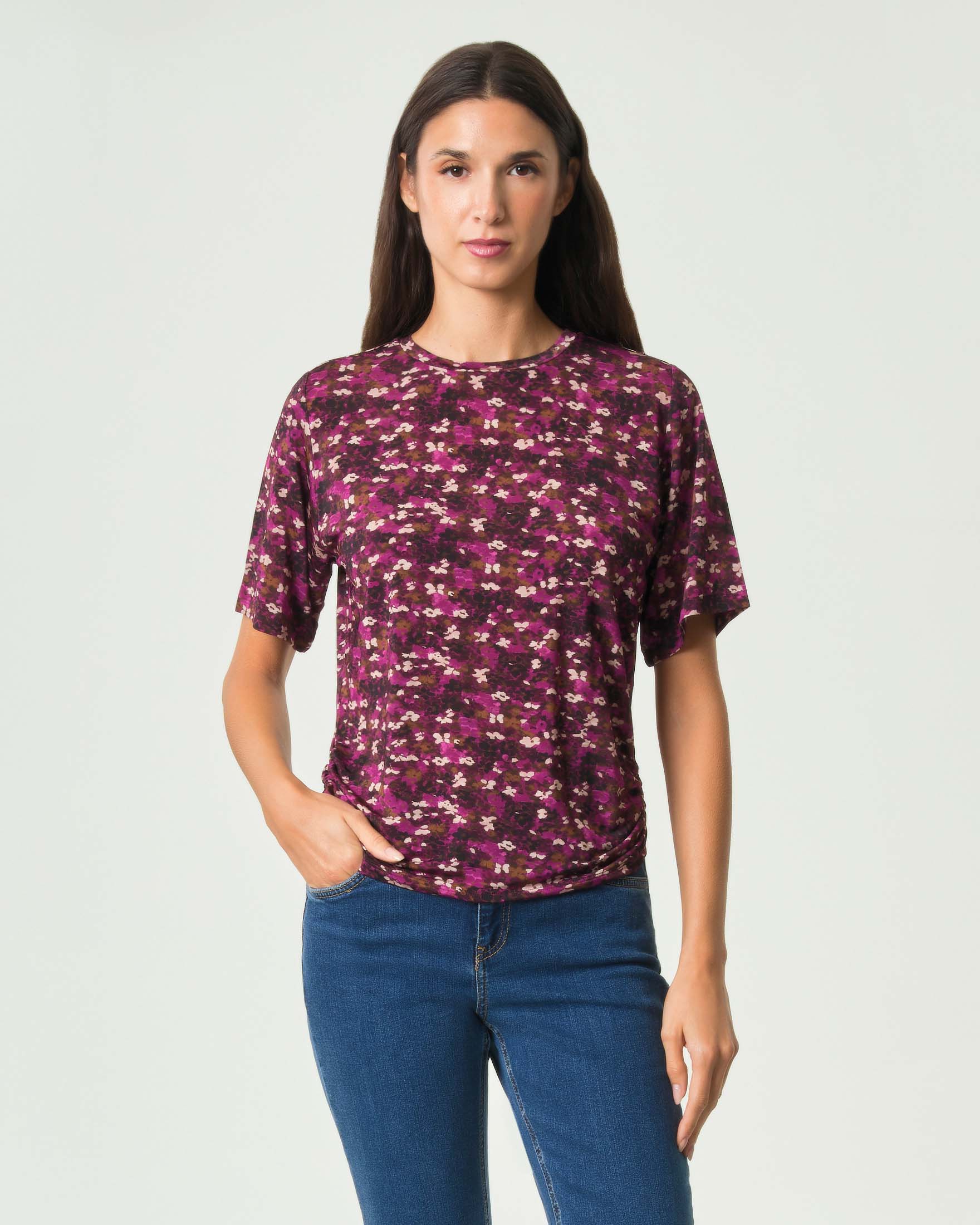 T-shirt maniche corte Marella fucsia in jersey di viscosa stretch con fantasia floreale colorata