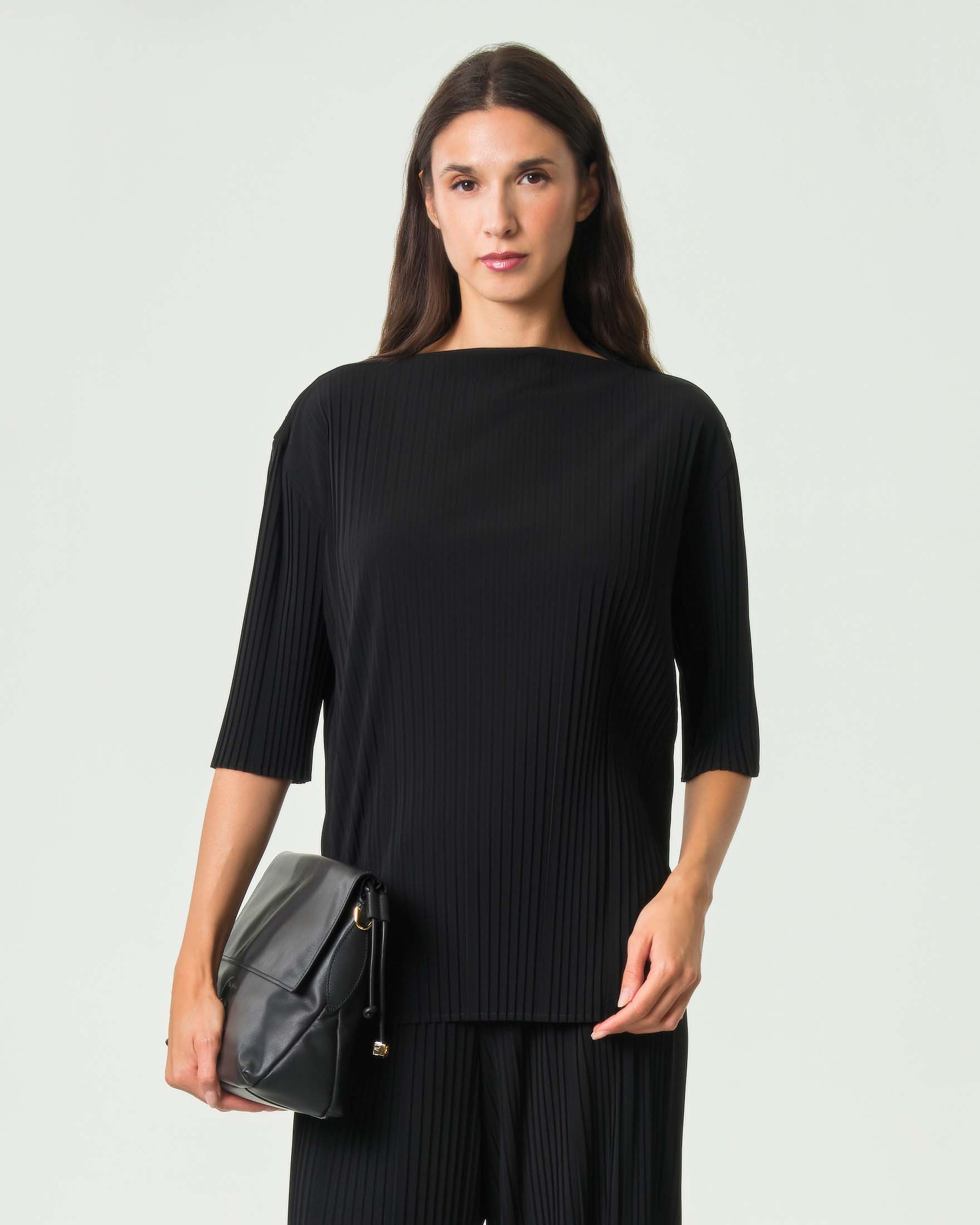 Blusa a mezze maniche MM Max Mara nera in jersey con pieghe e scollo a barca