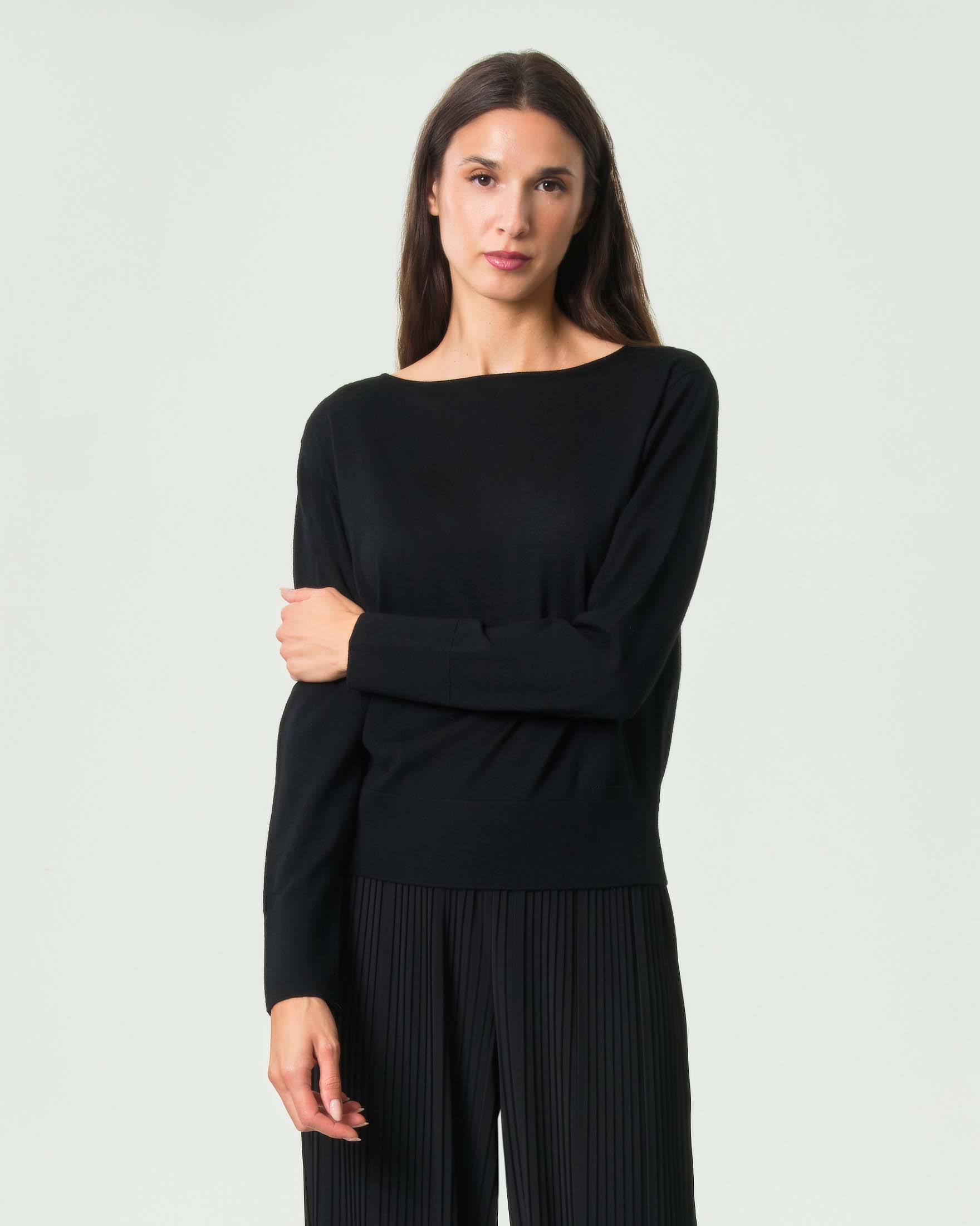 Maglia maniche lunghe MM Max Mara nera in pura lana con scollo a barchetta