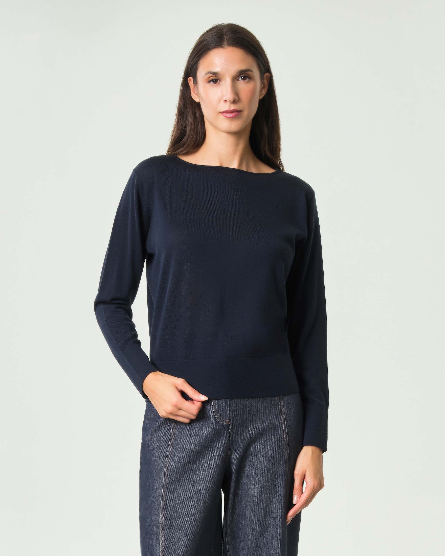 Maglia maniche lunghe MM Max Mara blu in pura lana con scollo a barchetta