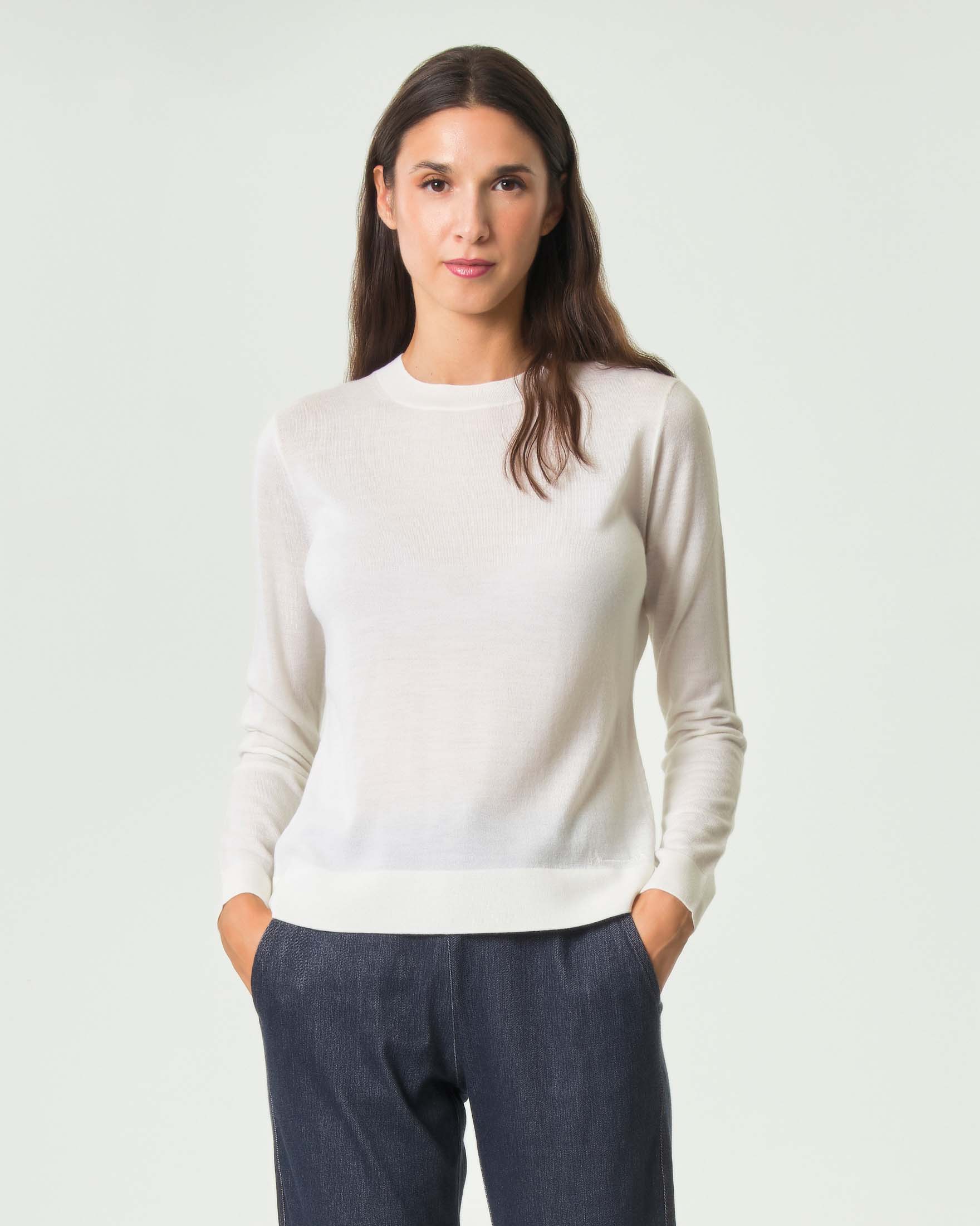 Maglia maniche lunghe MM Max Mara bianca in pura lana extrafine con bordi a costine e logo ricamato