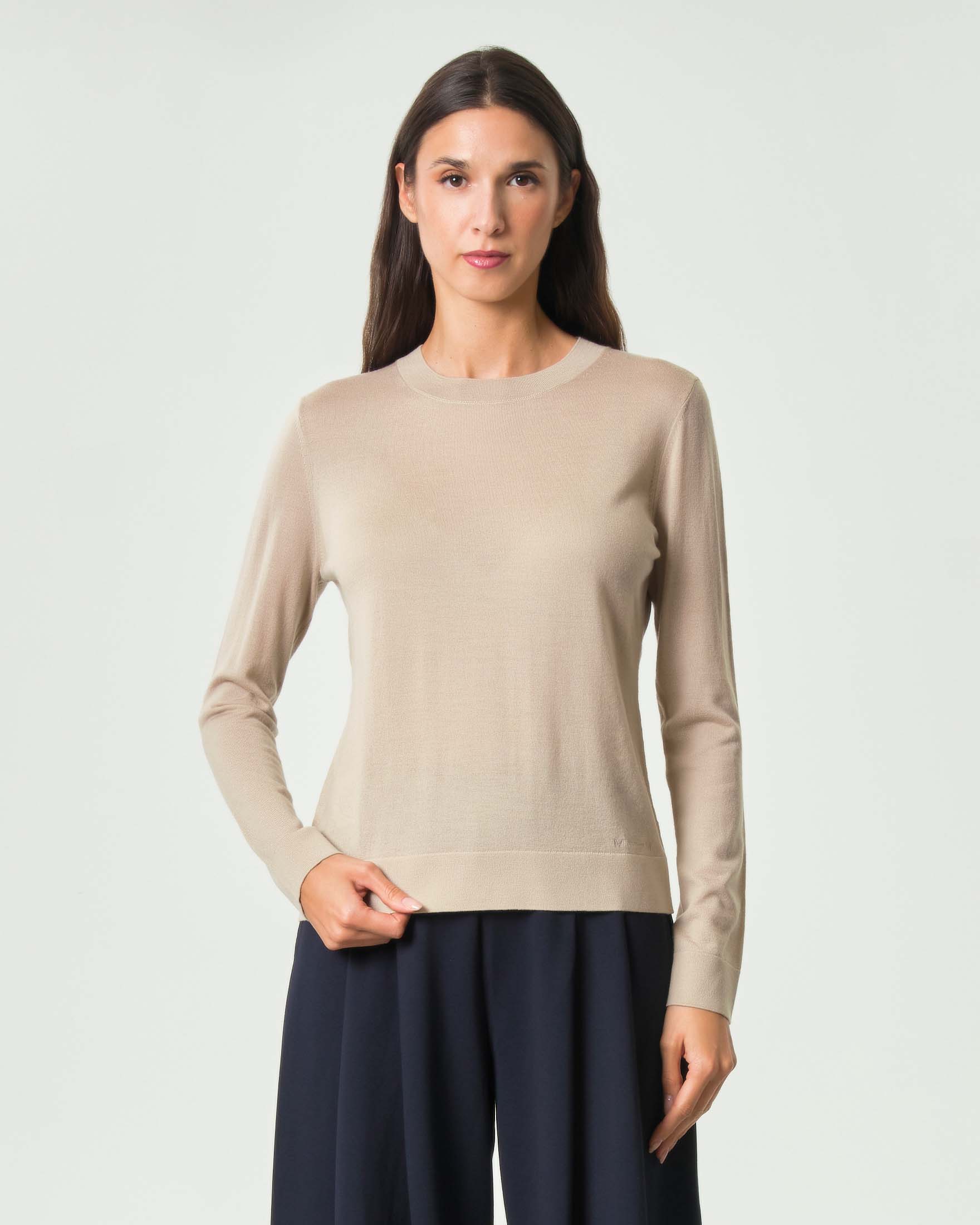 Maglia maniche lunghe MM Max Mara beige in pura lana extrafine con bordi a costine e logo ricamato
