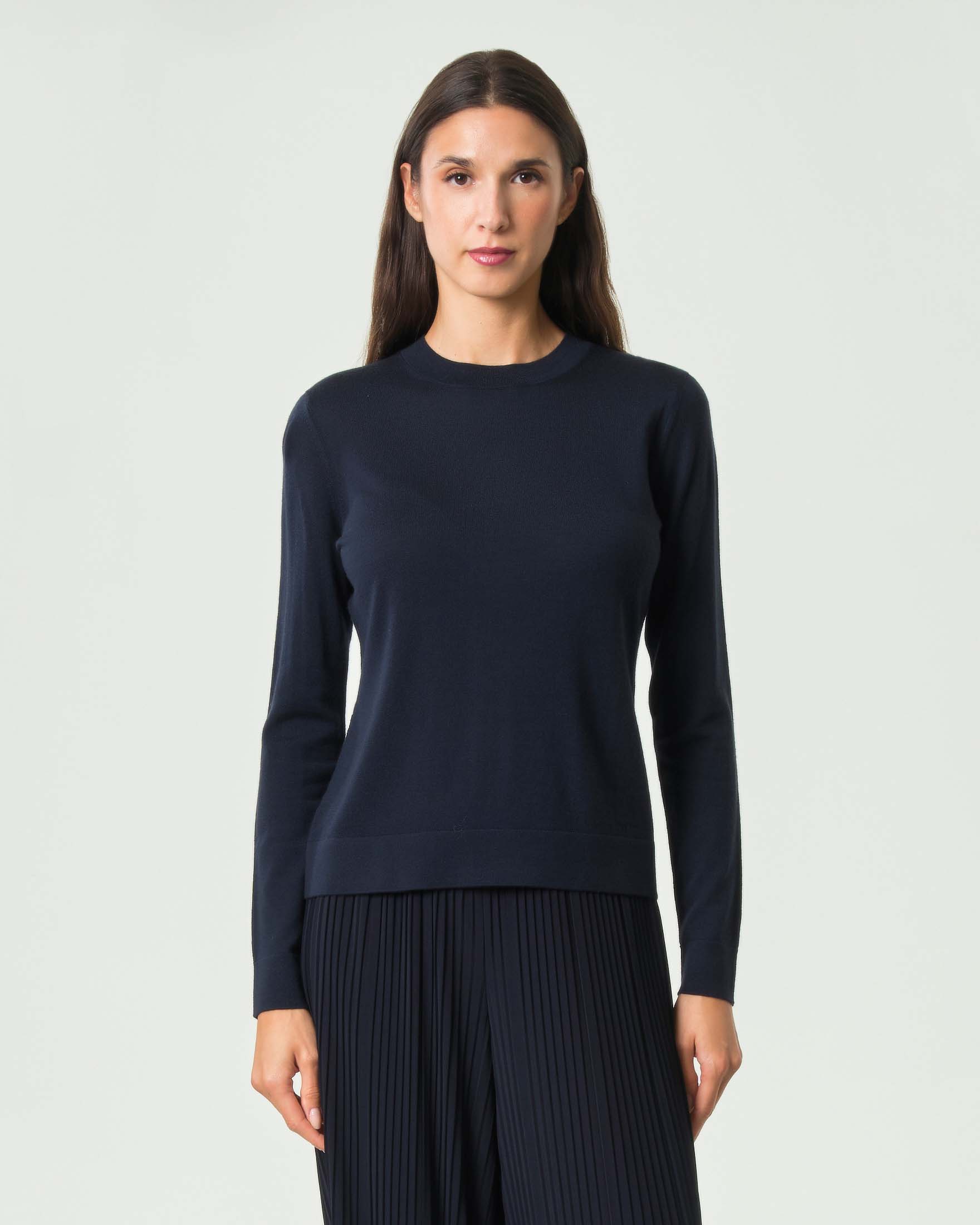 Maglia maniche lunghe MM Max Mara blu in pura lana extrafine con bordi a costine e logo ricamato