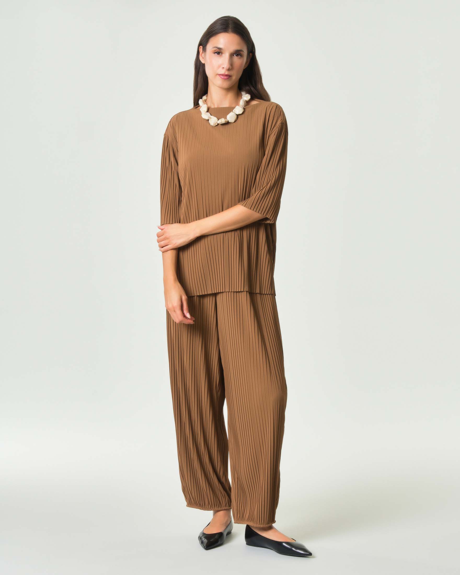 Pantaloni wide leg MM Max Mara color cammello in jersey con plissettature