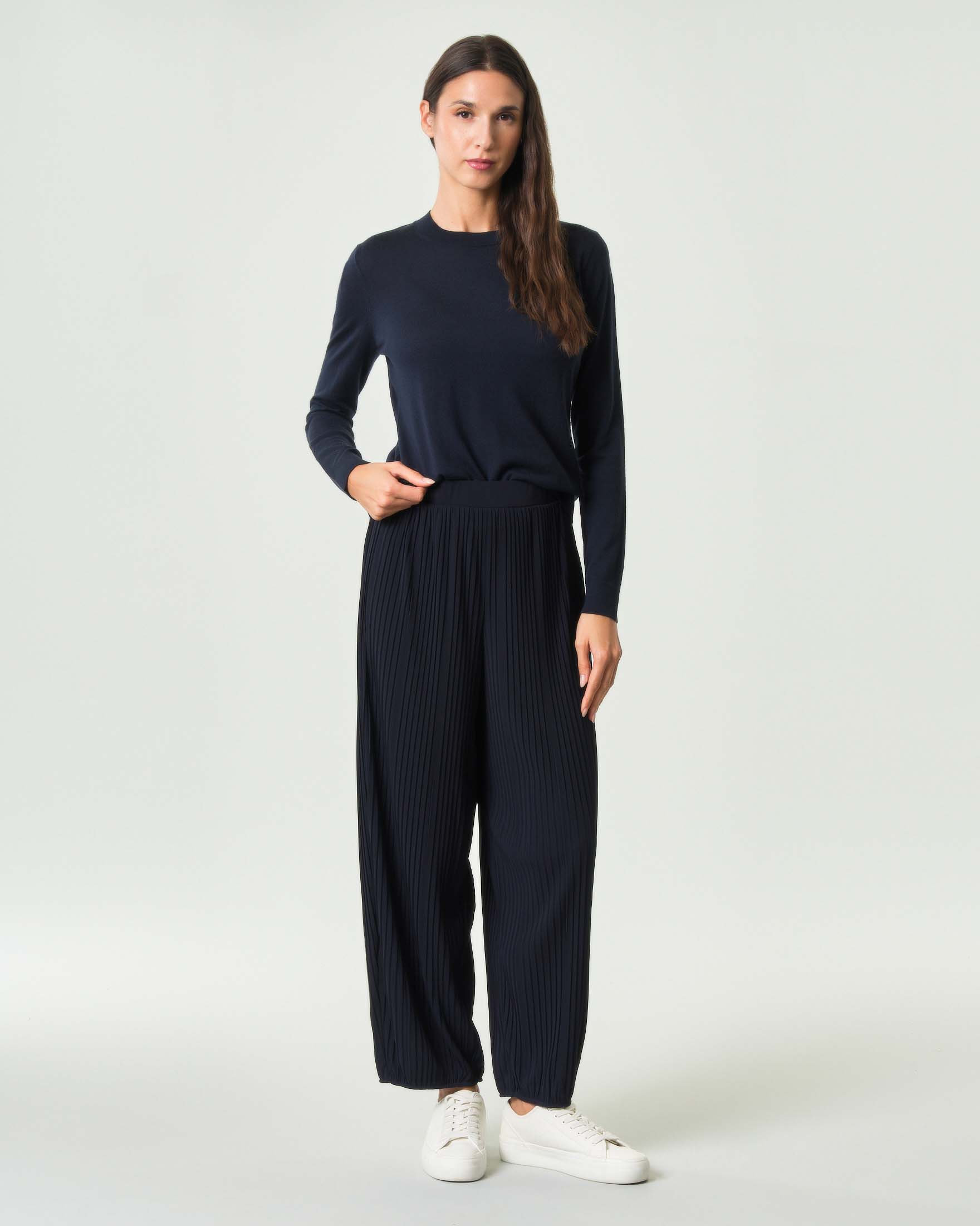 Pantaloni wide leg MM Max Mara blu in jersey con plissettature