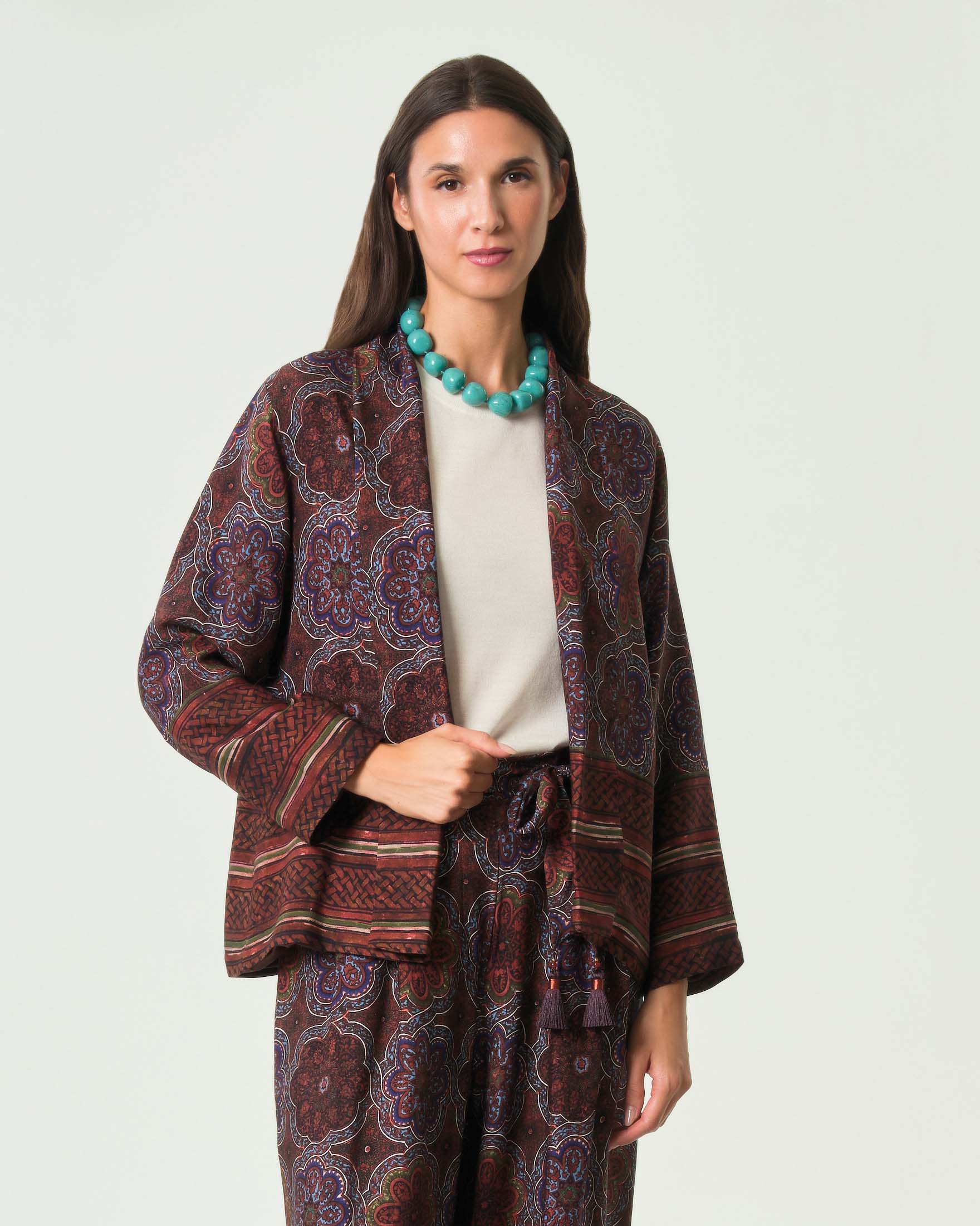 Giacca kimono aperta Wu'Side marrone in pura viscosa con stampa a rosoni multicolor