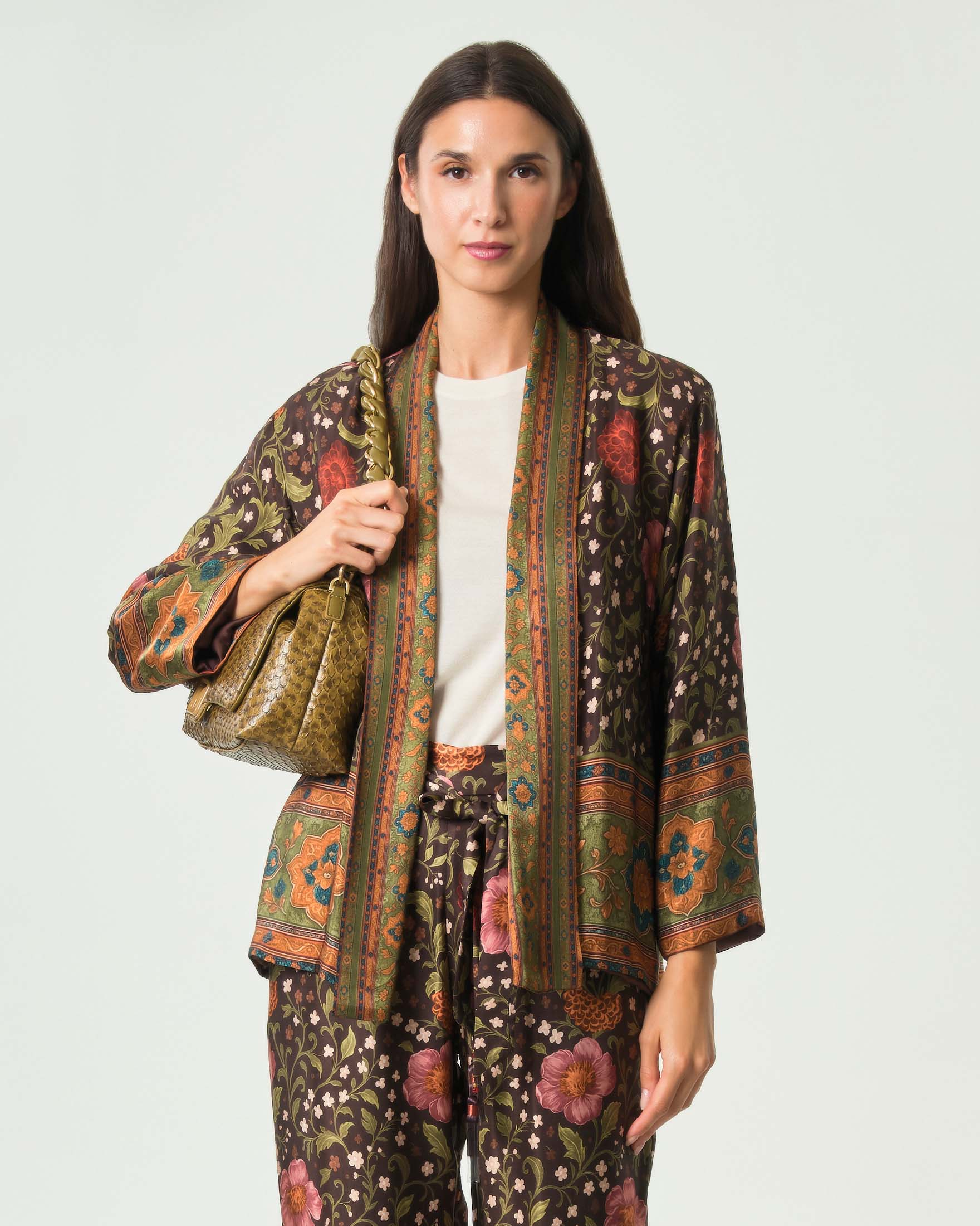 Giacca kimono aperta Wu'Side marrone in pura viscosa con stampa floreale multicolor