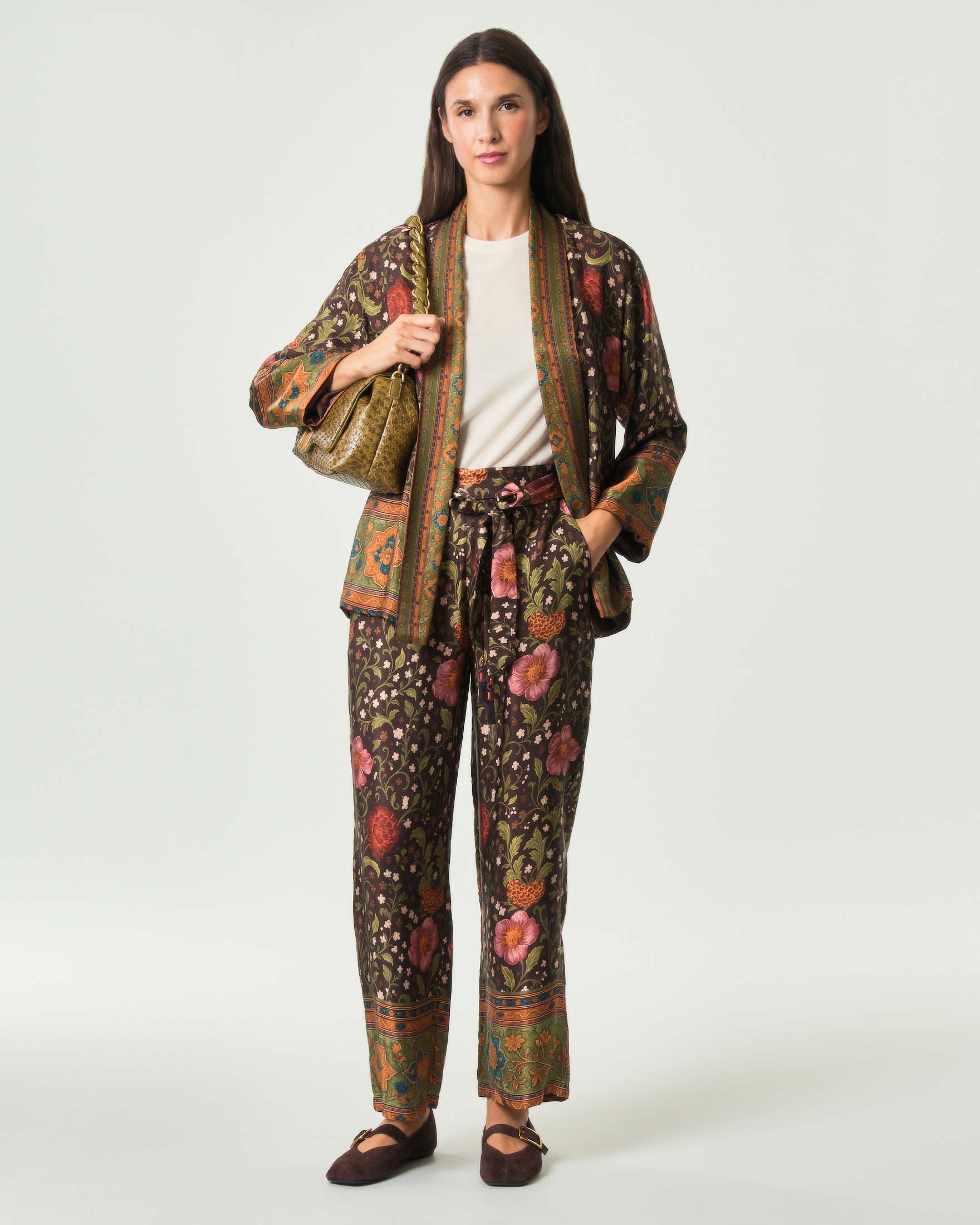 Giacca kimono aperta Wu'Side marrone in pura viscosa con stampa floreale multicolor image