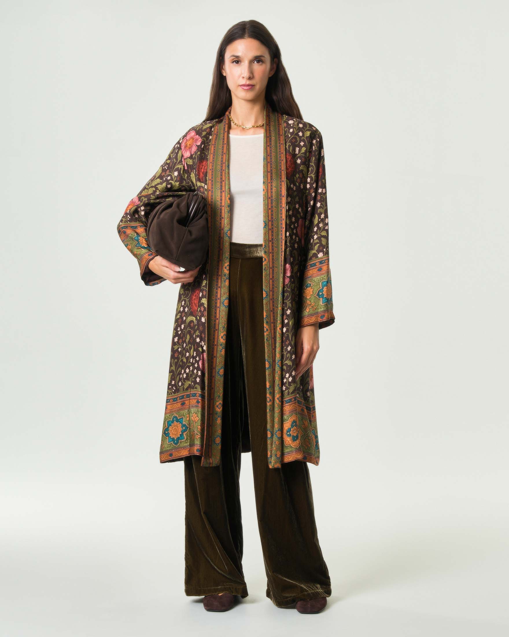 Giacca kimono lunga aperta Wu'Side marrone in pura viscosa con stampa floreale multicolor
