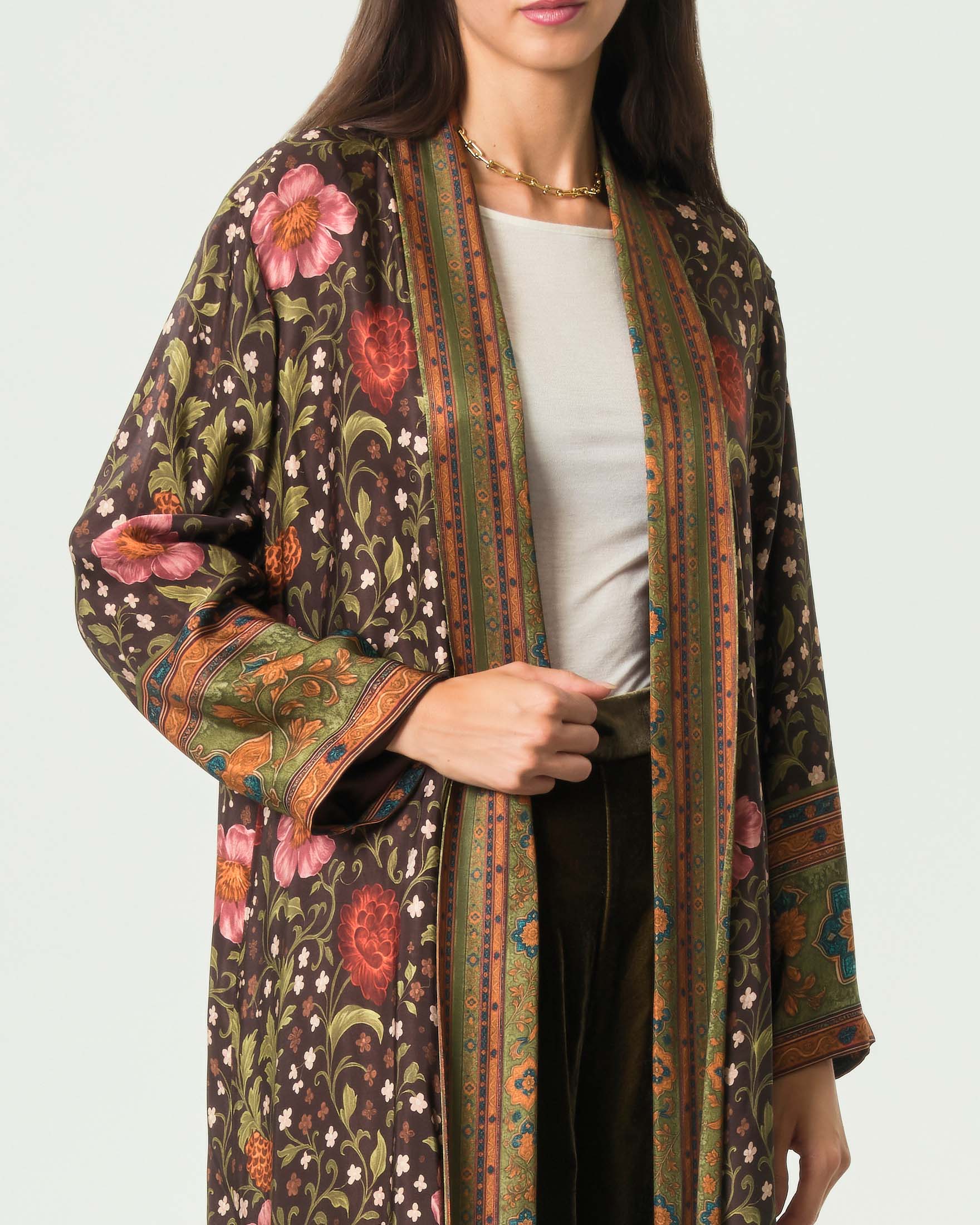 Giacca kimono lunga aperta Wu'Side marrone in pura viscosa con stampa floreale multicolor image