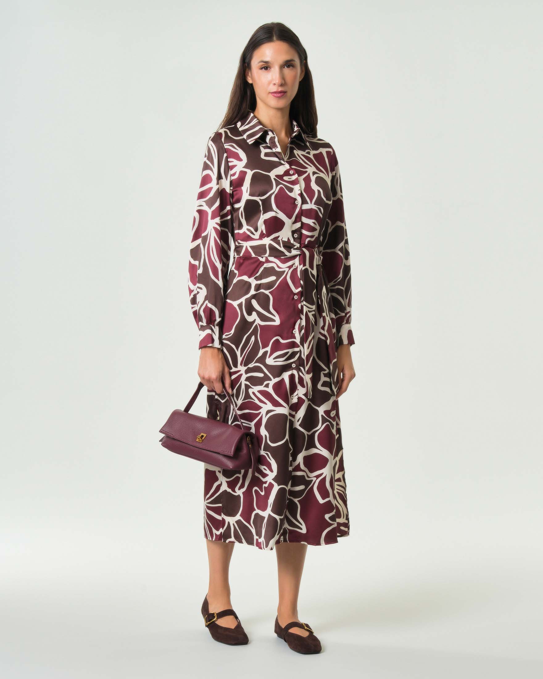 Abito chemisier midi Emme Marella marrone e bordeaux in twill a stampa maxi fiori con cintura