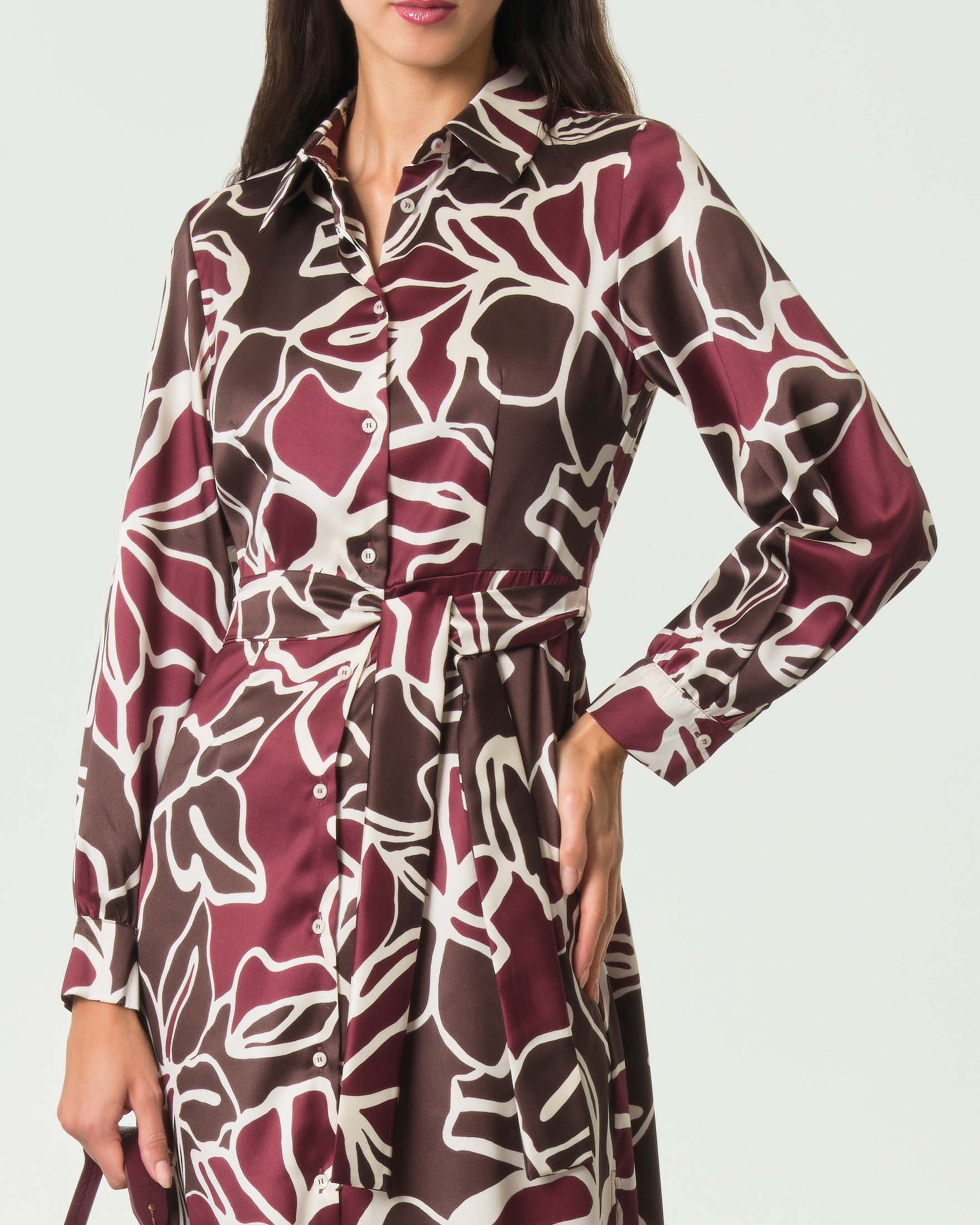 Abito chemisier midi Emme Marella marrone e bordeaux in twill a stampa maxi fiori con cintura image