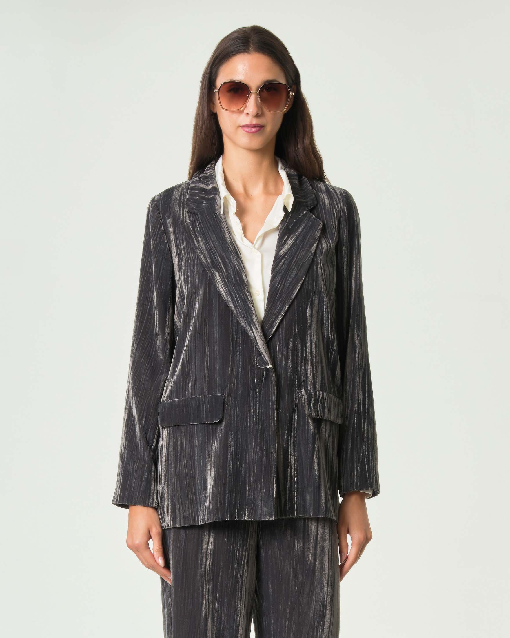 Blazer monopetto Emme Marella grigio in velluto stretch effetto crackle