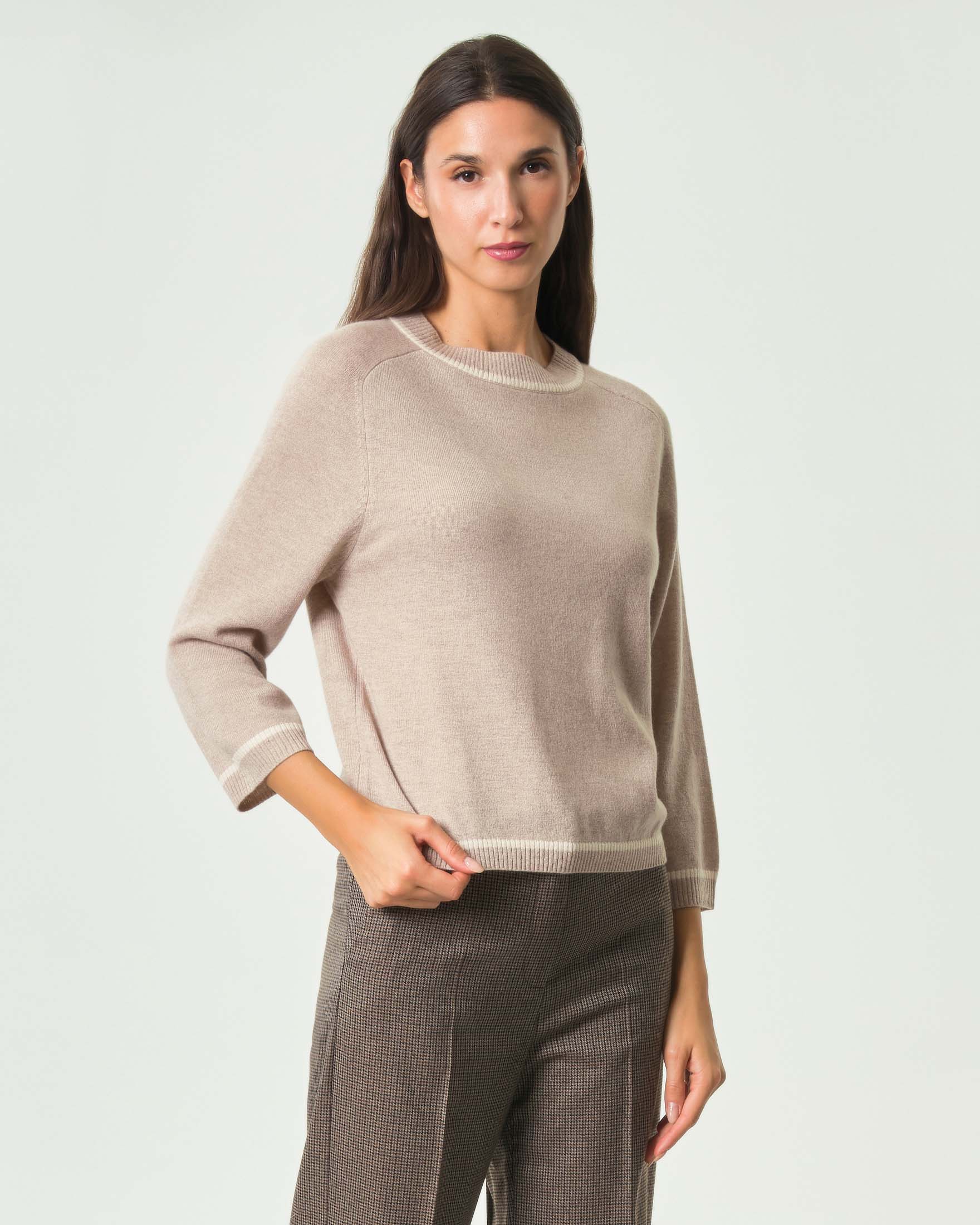Maglia girocollo Emme Marella beige in lana e cashmere con profili a contrasto