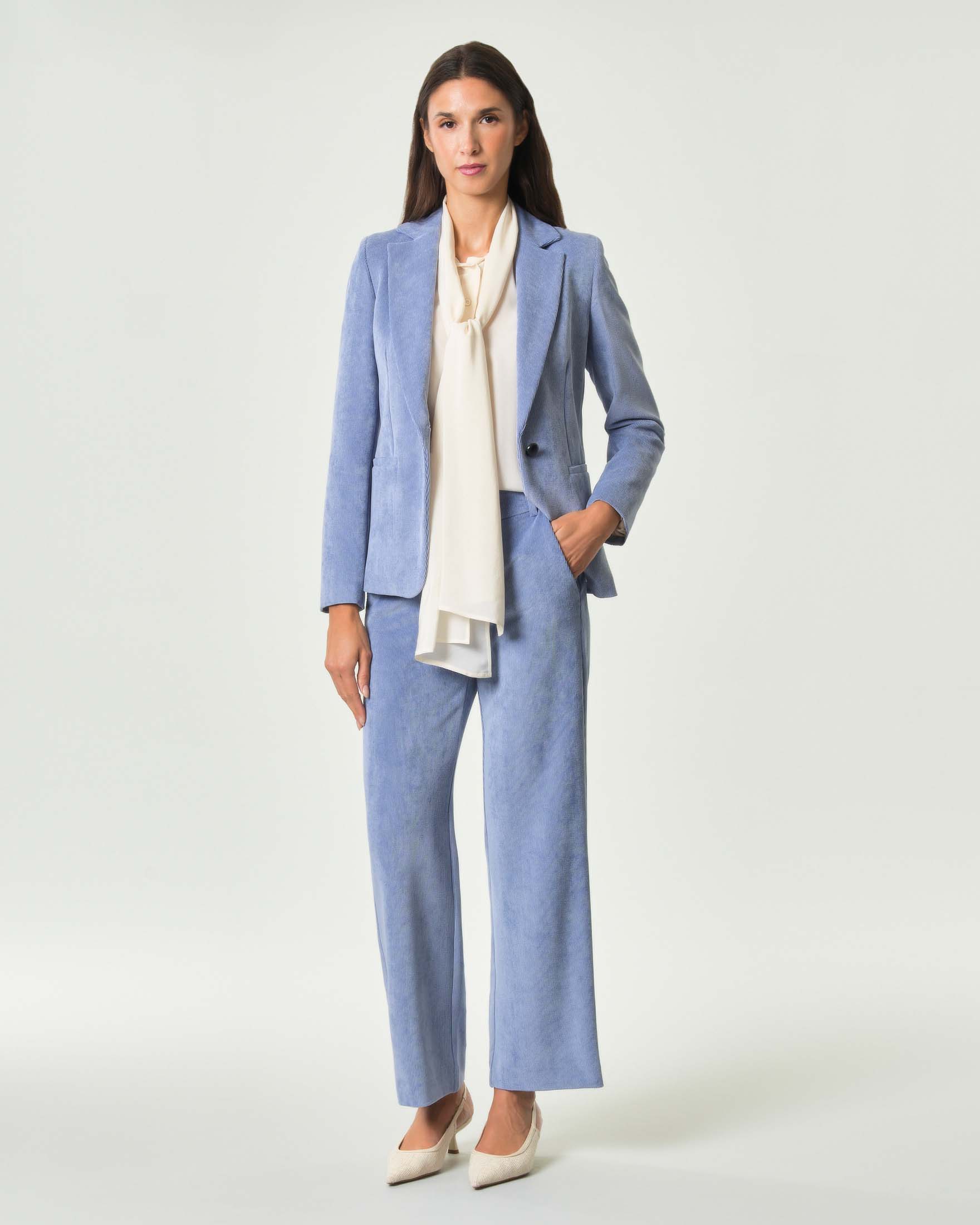 Pantalone palazzo Emme Marella azzurro in velluto stretch con tasche laterali e chiusura maschile